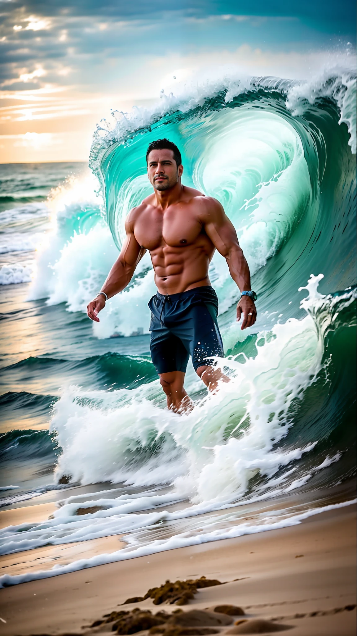 muscular man standing on a beach, posing on a beach with the ocean in the background with an impressive wave going towards the beach, wearing casual beach attire, beach photo, standing on a beach in sandals, standing on the beach, in a beach, about 3 , posing on the beach, on the beach, vacation photo, seashells in the background, realistic movie photography, epic movie scene, ocean wave towards the beach, action movie