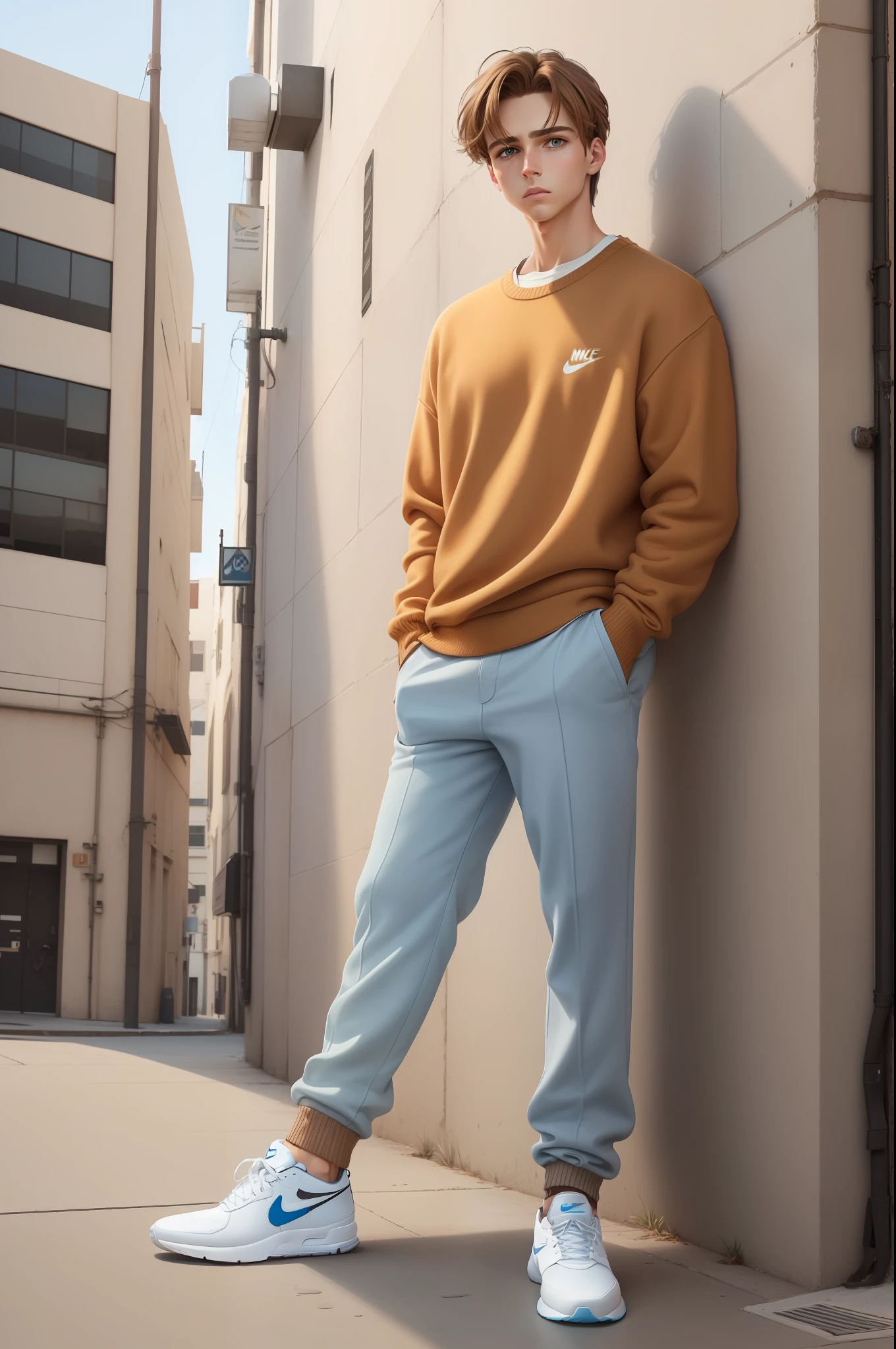 Aesthetic artwork, man, light brown hair, amber eyes, nonchalant expression, blank stare, light blue sweater, brown pants, white Nike shoes,