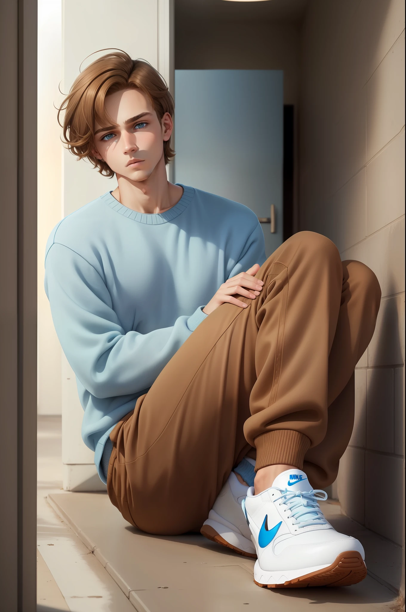 Aesthetic artwork, man, light brown hair, amber eyes, nonchalant expression, blank stare, light blue sweater, brown pants, white Nike shoes,