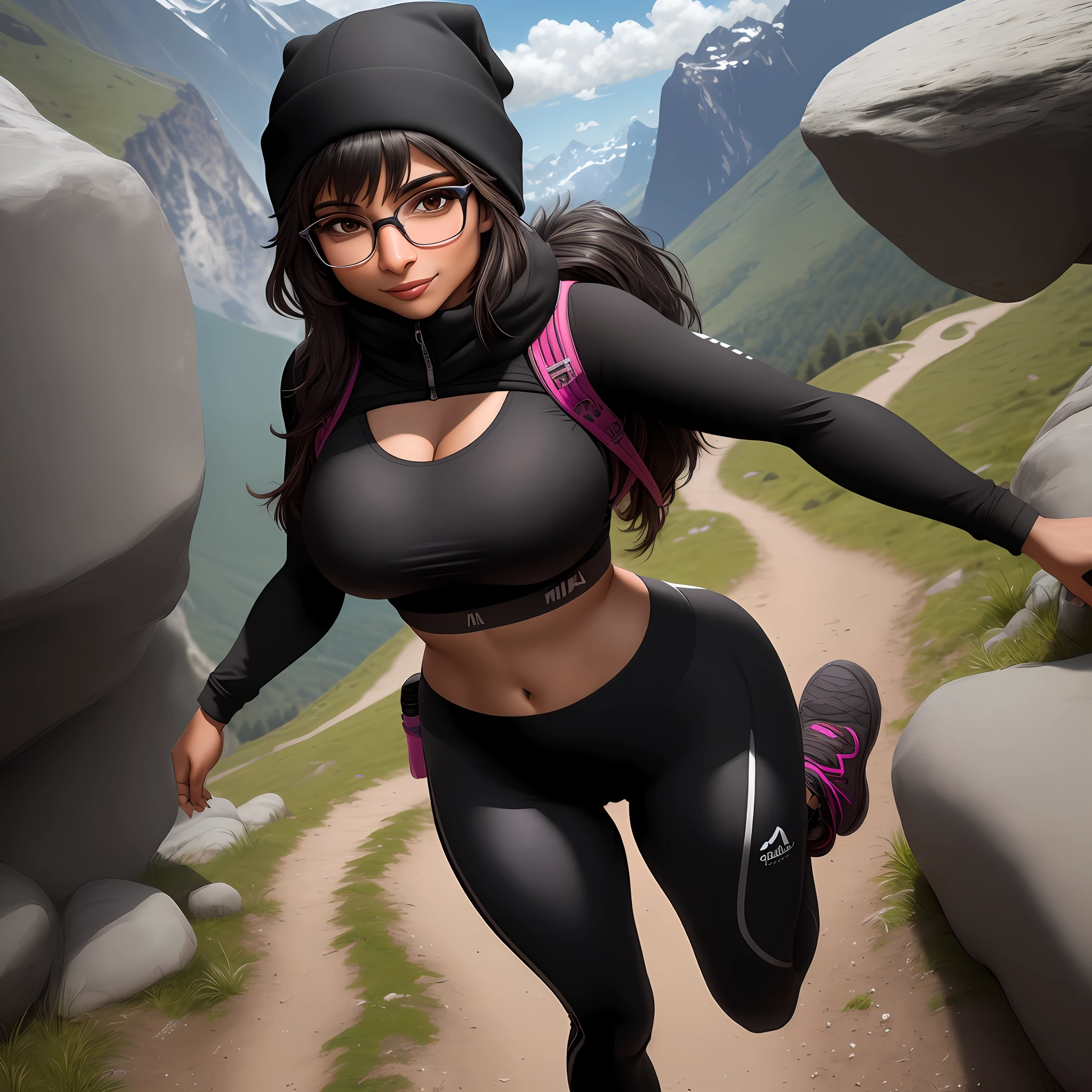 Mia Khalifa, alone, 1 girl, hiking trip, leggings, black sportswear, tight bra, going up a mountain, walking up a rocky path, looking at viewer, viewer is over and infront of Mia