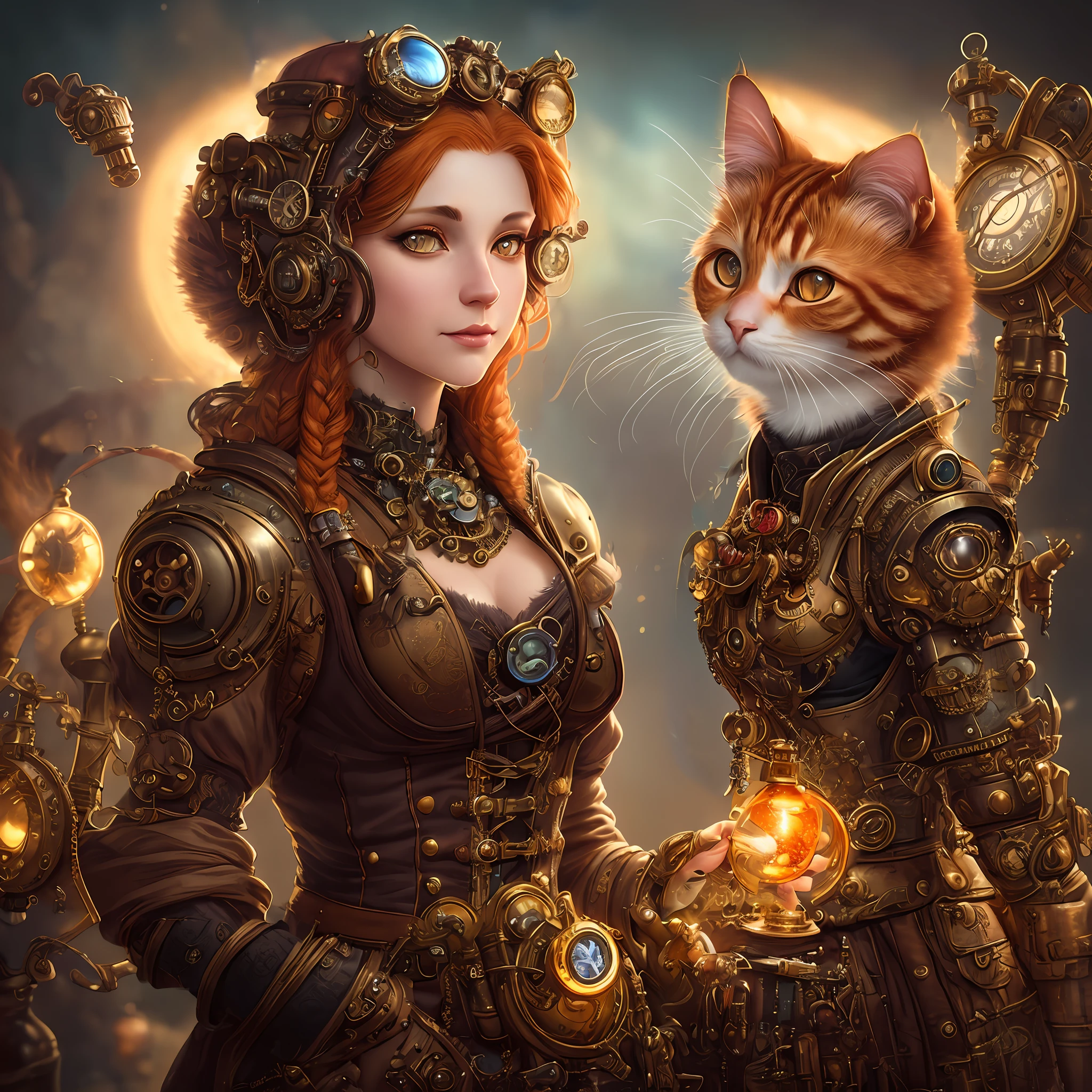 whimsical detailed steampunk ginger woman and ginger cat, bold colors, contrast, intricate fantasy extremely hyperdetailed, studio photography, backlight, oil painting, octane render, hyperrealistic, 8K, Hasselblad, ornately detailed, pretty face, photorealistic, octane render, Artgerm, WLOP, tom bagshaw, magali villenueve