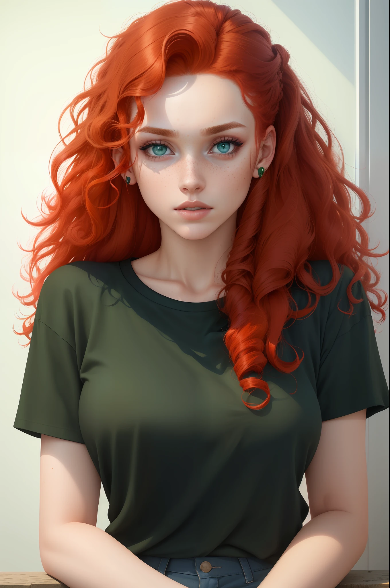 Aesthetic artwork, a woman, red hair, blue eyes, curly hair, freckles on both cheeks, full lips, sympathetic look, fair skin, green t-shirt, black jeans, small build,