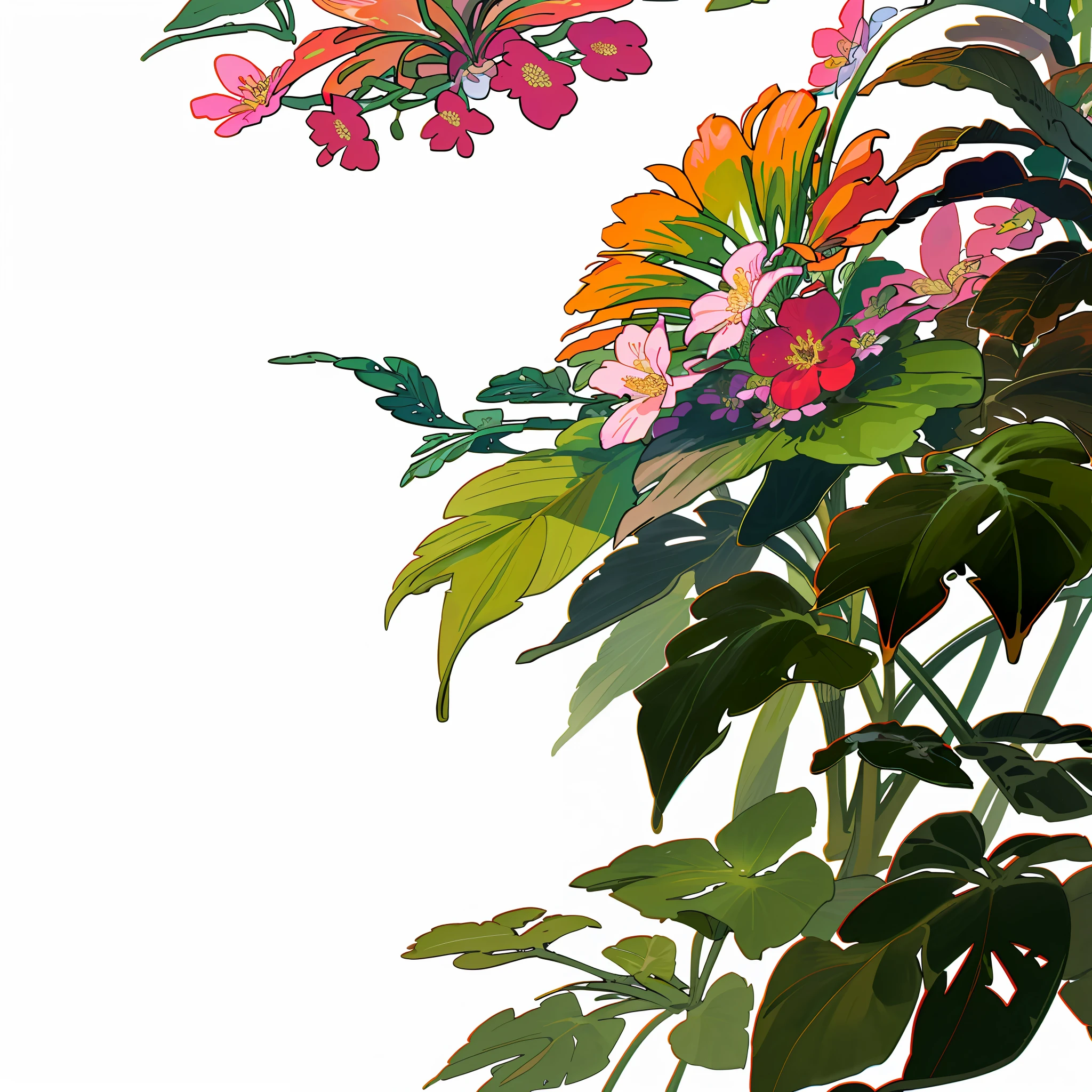 a close up of a flower border with a white background, botanical background, large white border, fairy tale style background, flower frame, botanical rainbow backdrop, with colorful flowers and plants, floral environment, isolated background, colorized background, botanical, flowers in background, botanic foliage, with flowers and plants, botanic, fine background proportionate, floral wallpaper