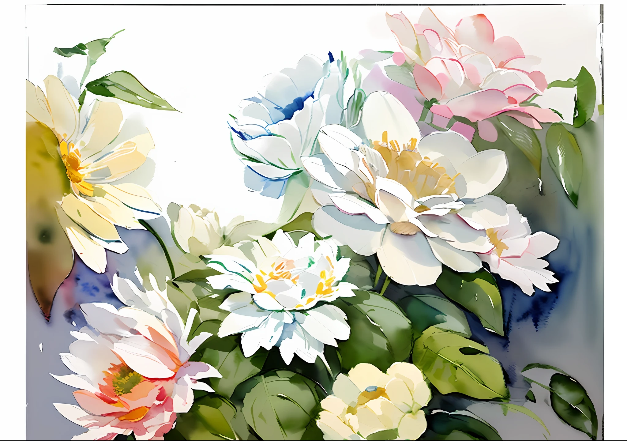 there is a watercolor painting of a flower wreath with a white background, flower frame, botanical background, large white border, flower background, surrounded flower, flowers background, floral painted backdrop, flowers in background, white border and background, floral background, with colored flowers, with colorful flowers and plants, white frame border, floral wallpaper, white border frame, background natural flower