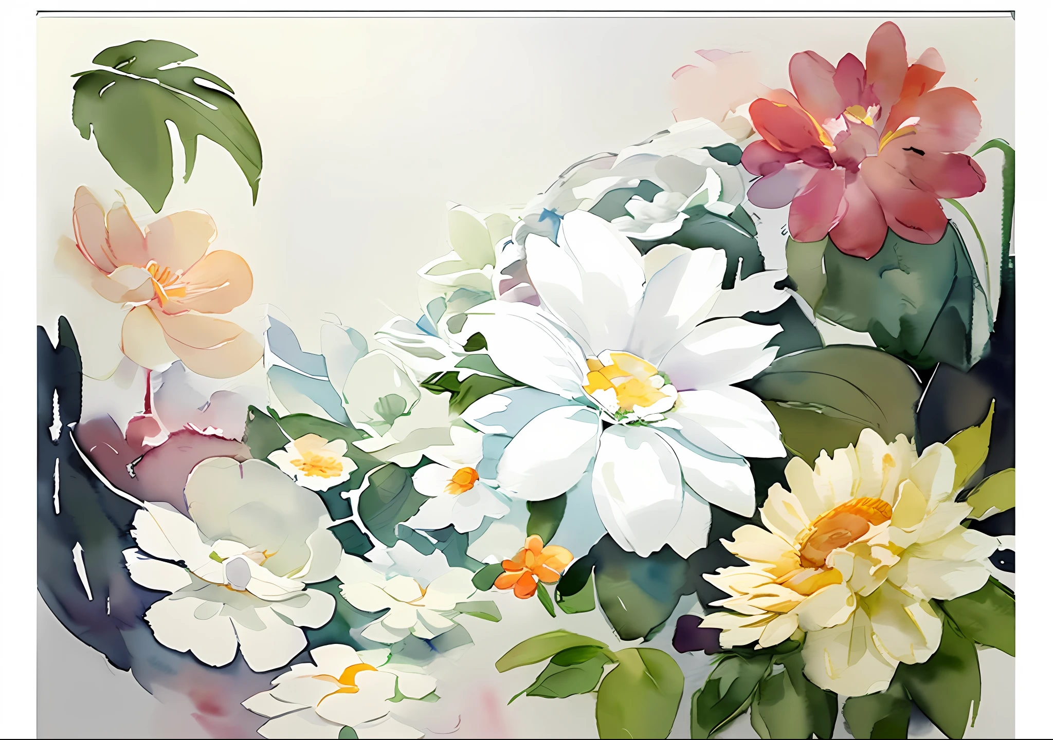 there is a watercolor painting of a flower wreath with a white background, flower frame, botanical background, large white border, flower background, surrounded flower, flowers background, floral painted backdrop, flowers in background, white border and background, floral background, with colored flowers, with colorful flowers and plants, white frame border, floral wallpaper, white border frame, background natural flower