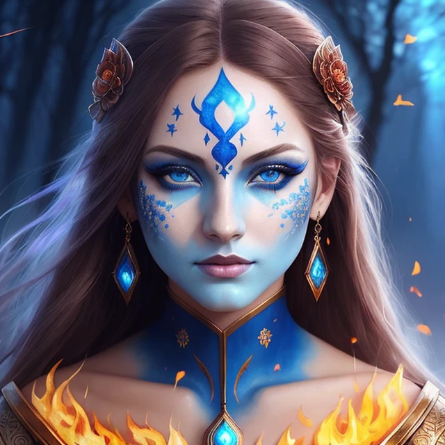 a woman with blue eyes and a face painted like a fire and water, digital art by Maksymilian Gierymski, deviantart, fantasy art, elemental, 4k highly detailed digital art, detailed fantasy digital art, digital art fantasy, beautiful digital artwork, fantasy digital art, artistic digital art, surrealistic digital artwork, digital art fantasy art
