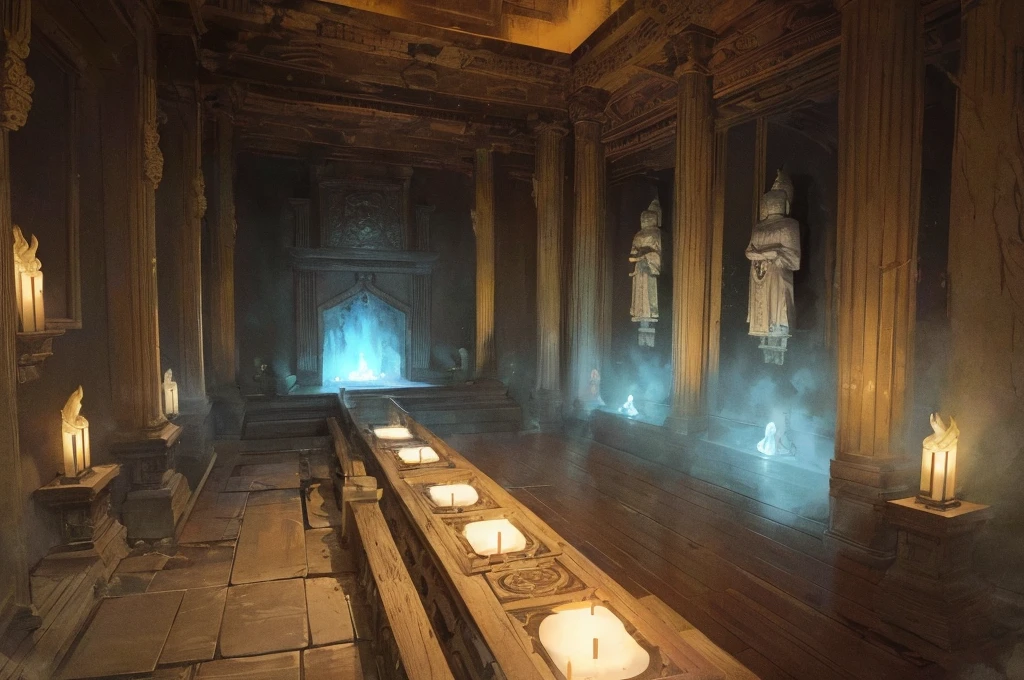 Finally, we reached the inner sanctum, a chamber bathed in an ethereal glow. Buddha statues lined the walls, their serene countenances a stark contrast to the chaos that had unfolded within these very walls. At the centre stood the cult's leader, a figure cloaked in darkness, their face hidden from view.ancient Japanese scenery, buddha statues at walls, temples, (mysterious black fog), journey to the west, (dilapidated), (battlefield)), (blood stains),absurdity, realistic lighting, (abyss) masterpiece, high quality, beautiful graphics, high detail, black hair, cult, cultist, praying, chamber