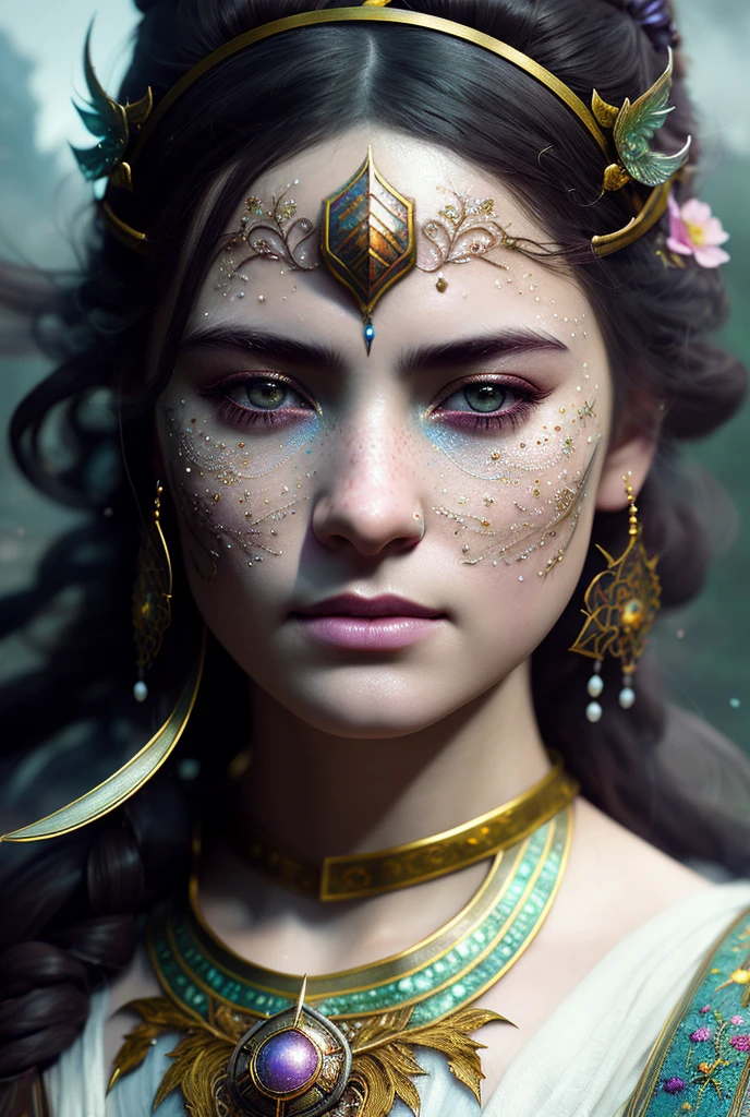 Realistic role-playing face portrait painting of a beautiful rpg champion, pastel color, intricate details, fantasy, universe, intricate magical embroidery, very detail hair, very detail eyes, intense face, [elden ring|d &amp; d] concept art, rpg portrait, octane render, cinematic lighting, (soft shadow:1.2), close up, depth of field, splash art, art by wlop and, greg rutkowski