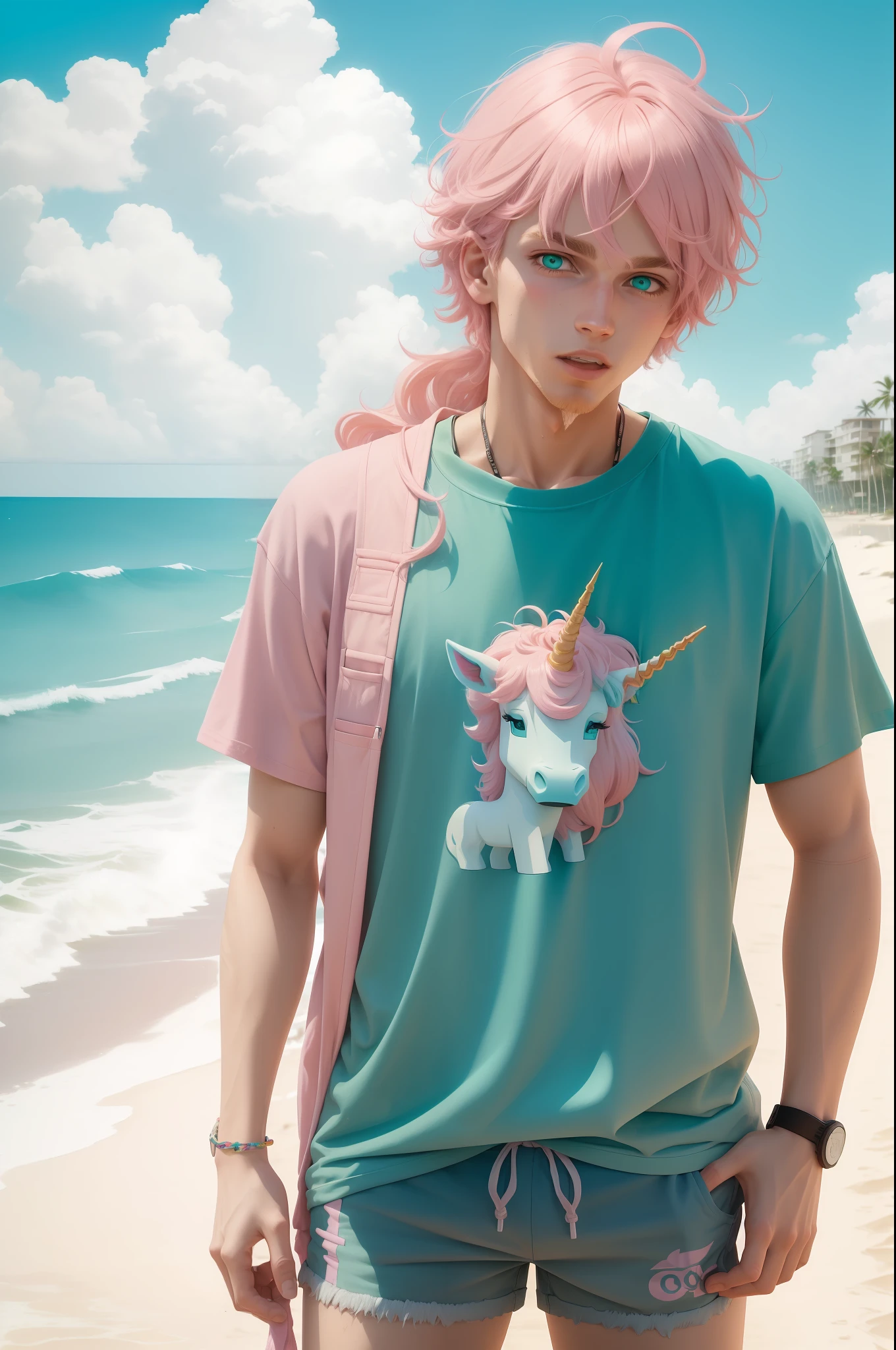 Aesthetic artwork, man, light pink hair, green eyes, messy hair, funny expression, blue t-shirt with unicorn logo, beach shorts, sneakers,