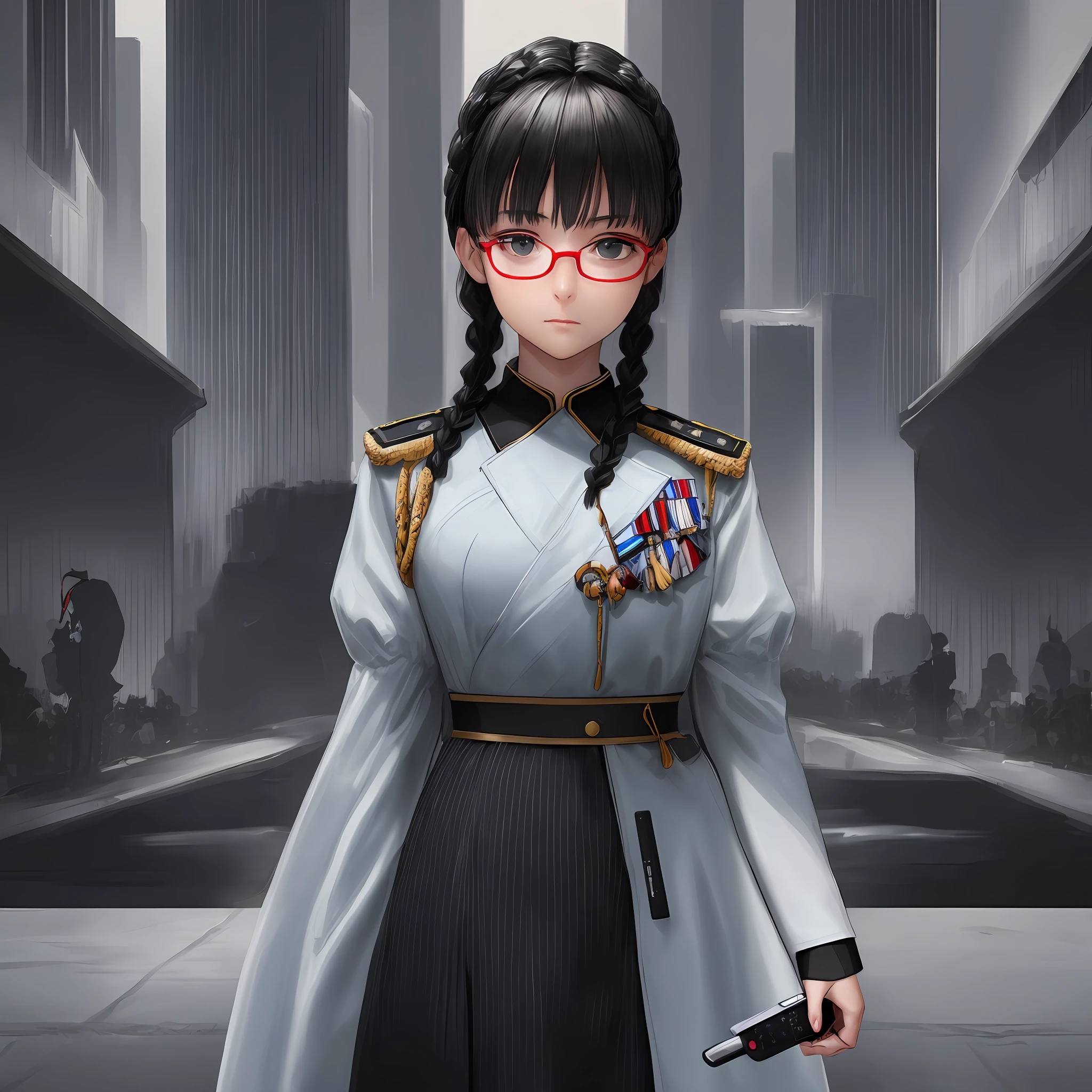 (Four Fingers to One Thumb Ratio :1. 6),Four Fingers to One Thumb Best Ratio,High Detail,Realistic,Cinematic Angle,(Remote View:1.9),Compatibility Between hairstyle and face shape, clear finger details, clear object details, clear environmental details, adult, modestly dressed woman, (covered clothes: 1.8), small body, black hair, ( Black straight face braids: 1.5), (2 braids: 1.6), straight bob bangs, (red glasses: 1.5), (dark green eyes: 1.6), heaps, is Professor, white air force commander's uniform: 1.5, white senior officer's uniform: 1.5, scientist uniform, futuristic world, science fiction, fighter plane, fighter jet parking, government agency, deep intelligent personality, strict In discipline, (serious face: 1.7), war, fighter