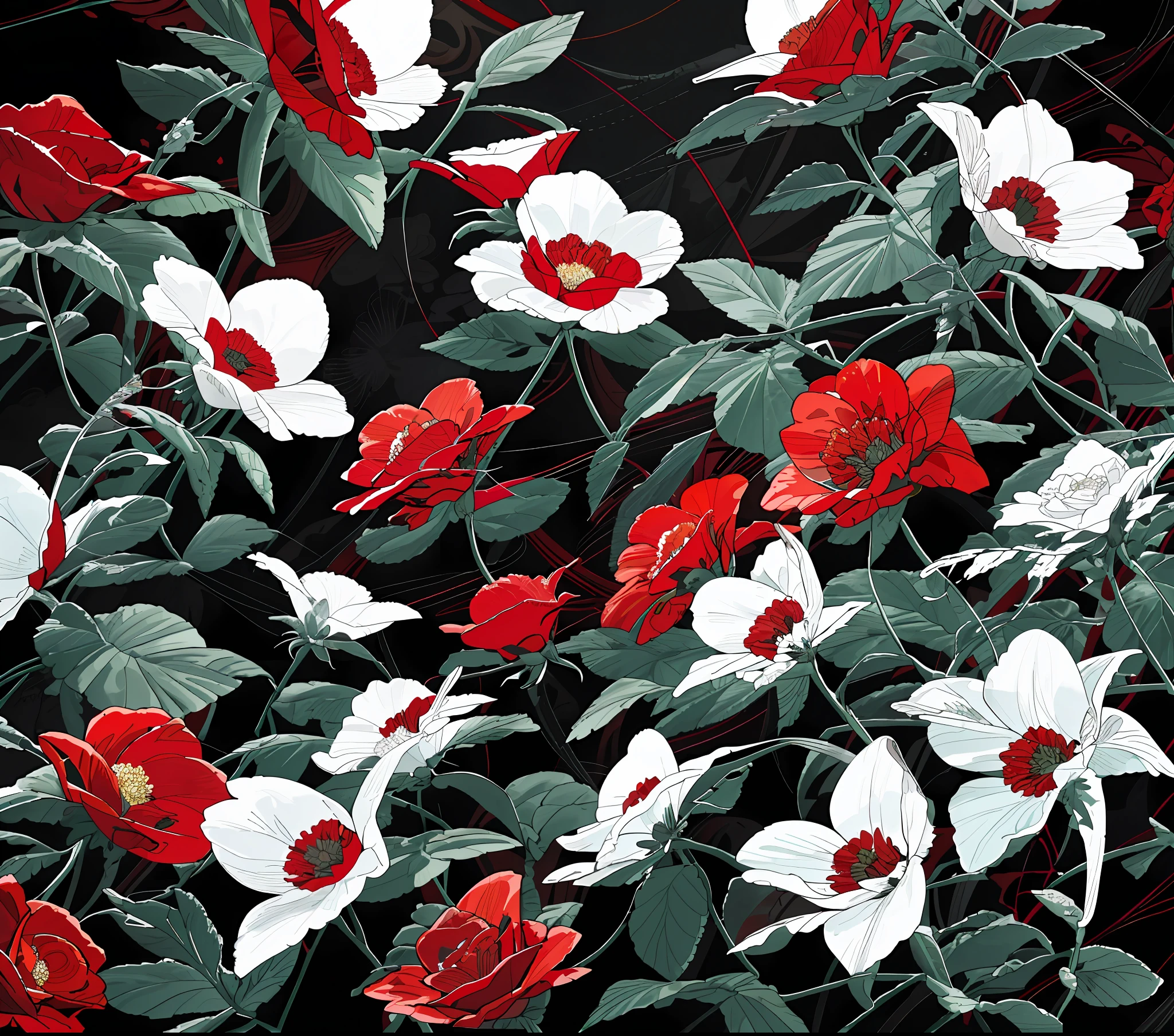 a close up of a red and white flower pattern on a black background, dark flower pattern wallpaper, black and white and red colors, black white and red colors, red white and black colors, red and white and black colors, highly detailed digital artwork, red and white flowers, white and red roses, celestial red flowers vibe, ornate floral, highly detailed digital art
