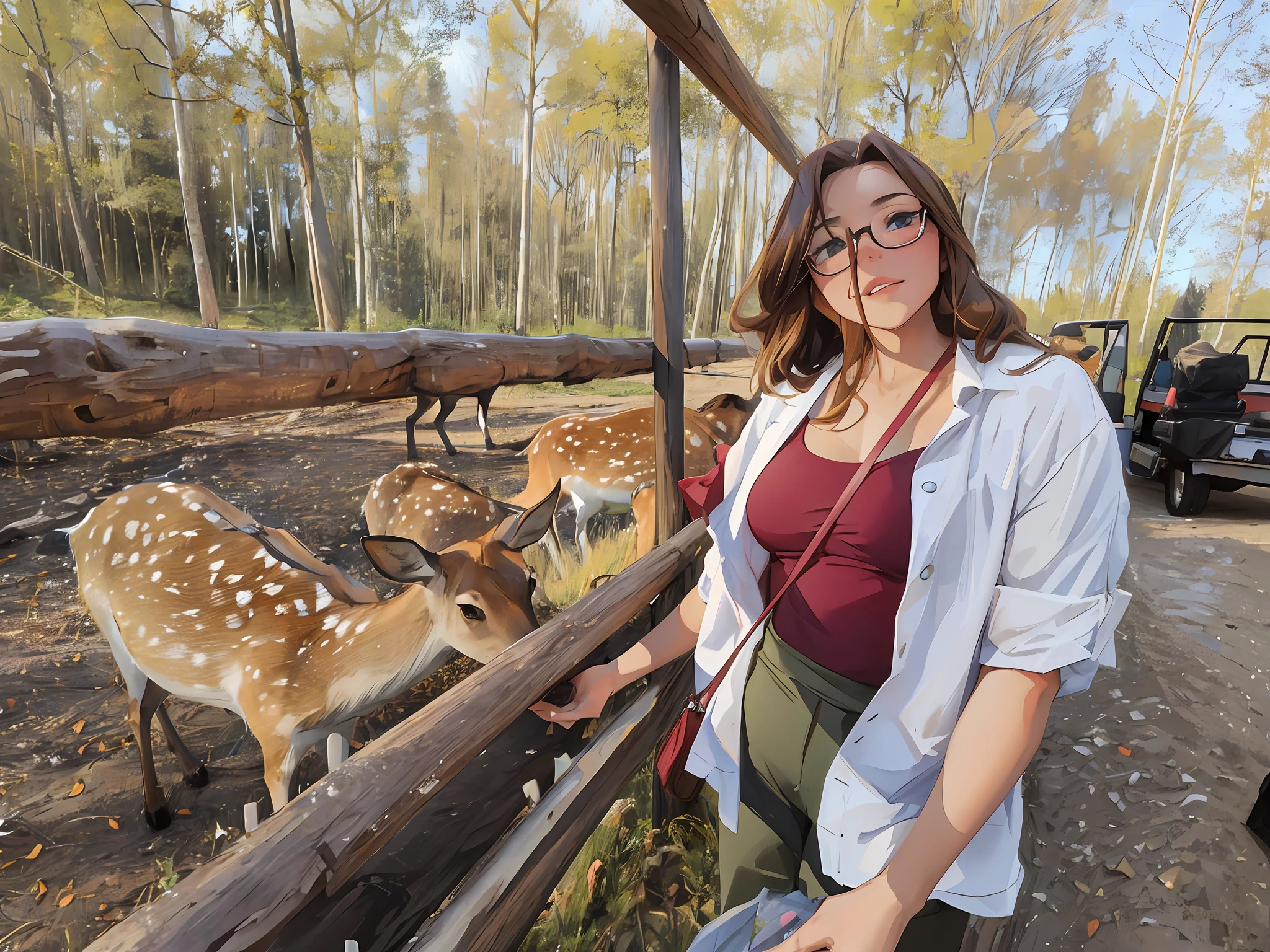 a girl is standing next to a fence with a deer behind her, very accurate photo, high quality photo, photo from vacation, exclusive, against the background of the forest, photo from the first person, taken at the zoo, walk in the forest, deer, 8k)), Maximilian Vanka