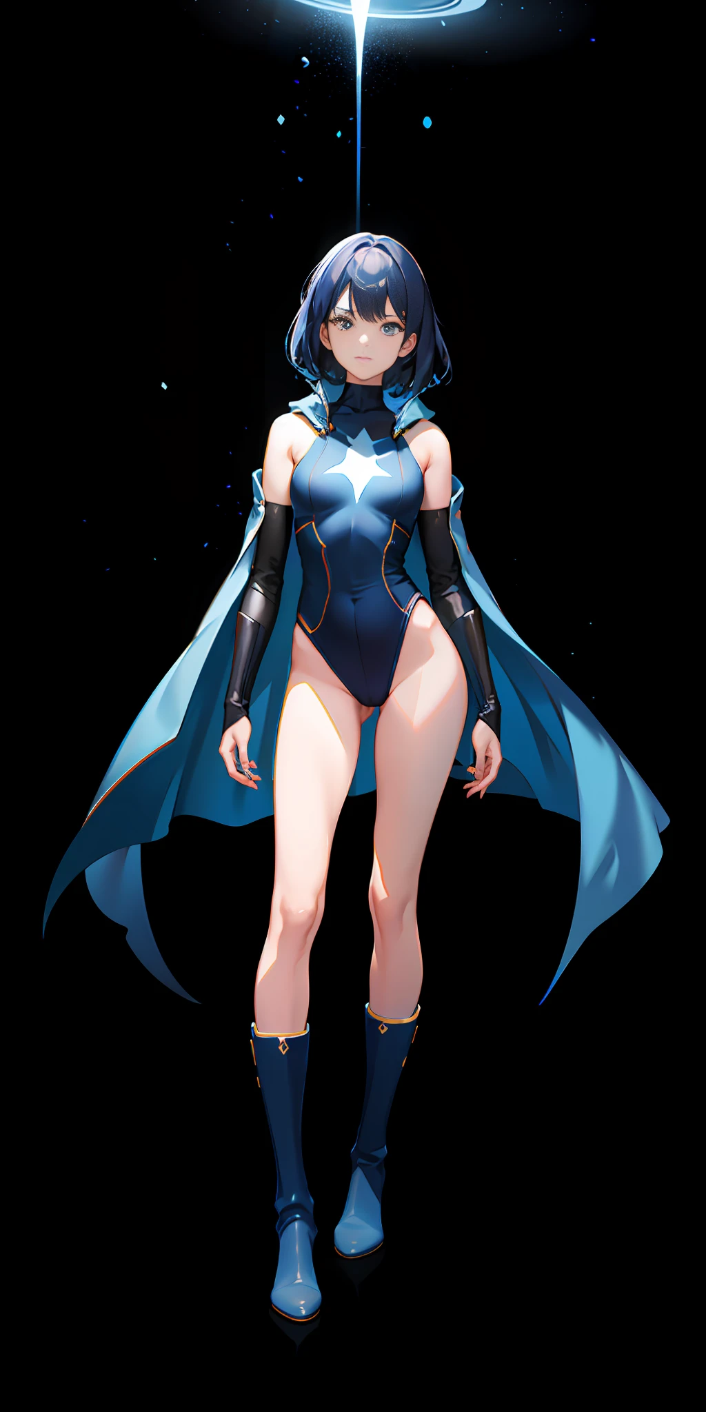 upper body, 1girl, superhero, leotard, bare legs, boots, matching boots, medium breasts, light particles, aura, blue aura, stand, standing, highleg, space backdrop, magic, hand on hip,