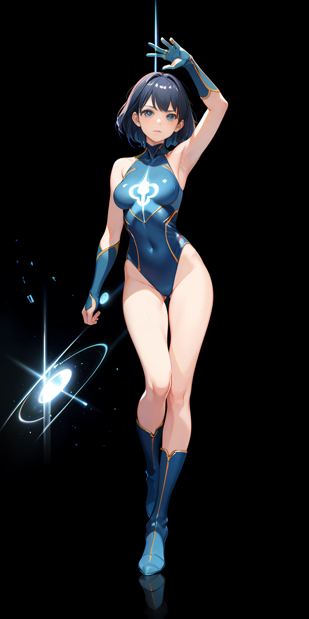 upper body, 1girl, superhero, leotard, bare legs, boots, matching boots, medium breasts, light particles, aura, blue aura, stand, standing, highleg, space backdrop, magic, hand on hip,