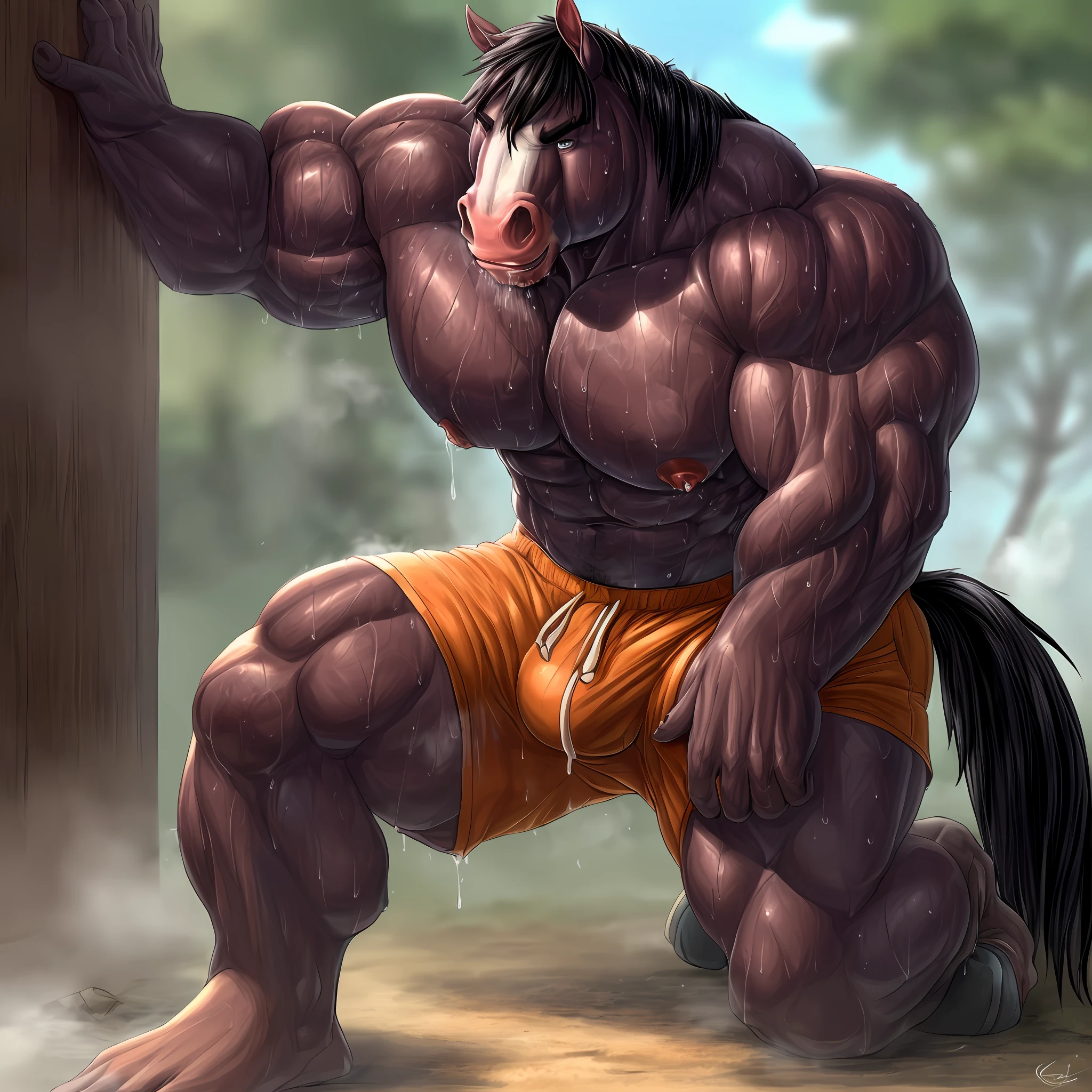(A male anthro horse with a perfectly anatomically-correct muscular chest and arms, and athletic build is collapsed on his knees, appearing exhausted with heavy breathing and steaming breath. His body is sweaty, with beads of sweat dripping down his bulging muscles. He wears shorts, and is depicted in a solo scene.)