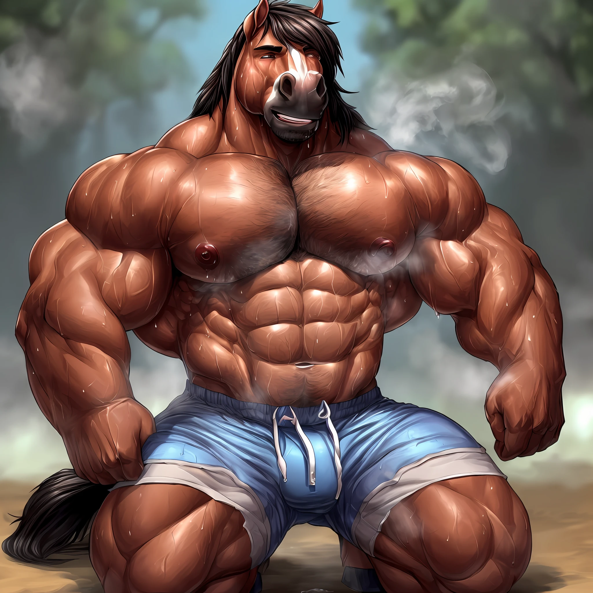 (A male anthro horse with a perfectly anatomically-correct muscular chest and arms, and athletic build is collapsed on his knees, appearing exhausted with heavy breathing and steaming breath. His body is sweaty, with beads of sweat dripping down his bulging muscles. He wears shorts, and is depicted in a solo scene.)