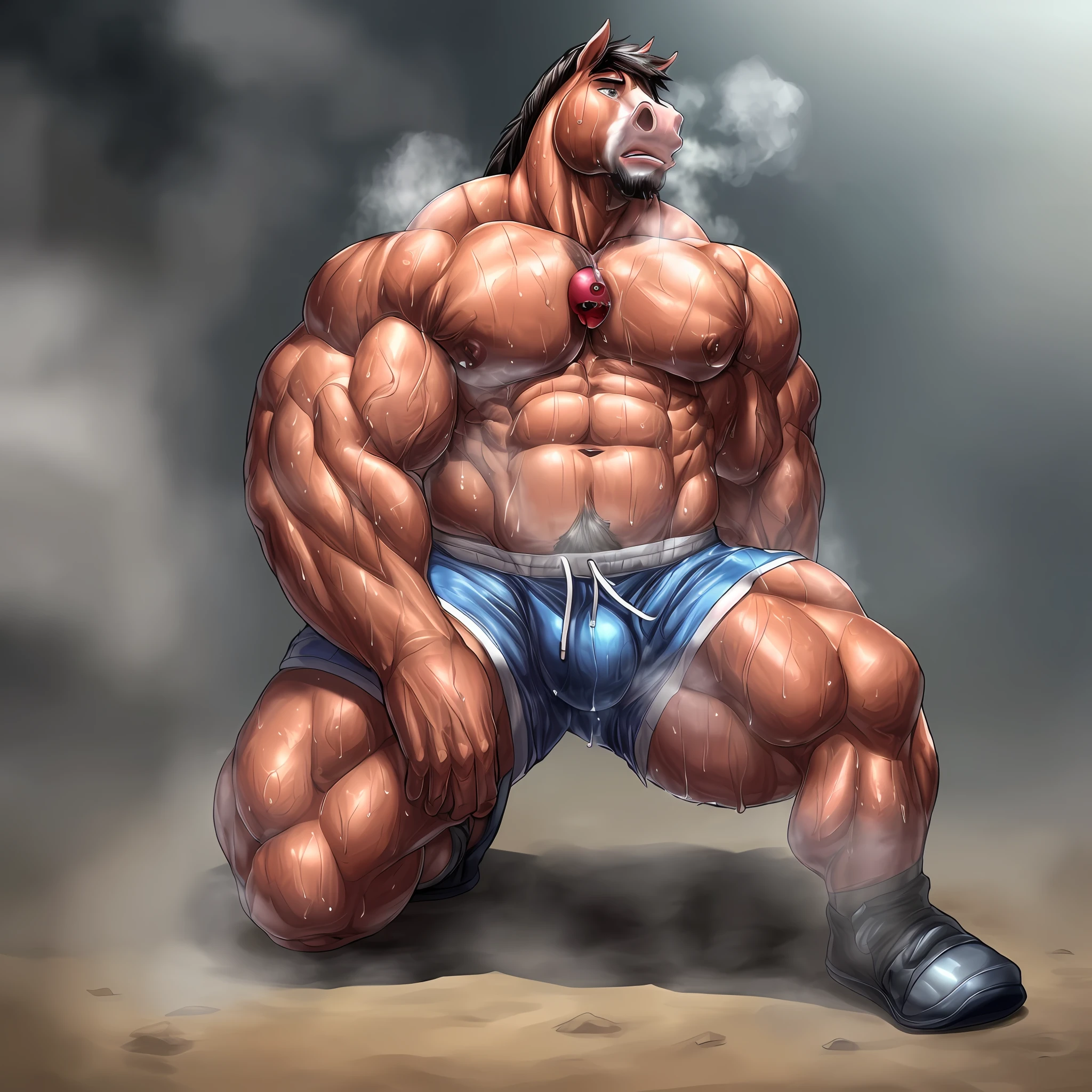 (A male anthro horse with a perfectly anatomically-correct muscular chest and arms, and athletic build is collapsed on his knees, appearing exhausted with heavy breathing and steaming breath. His body is sweaty, with beads of sweat dripping down his bulging muscles. He wears shorts, and is depicted in a solo scene.)