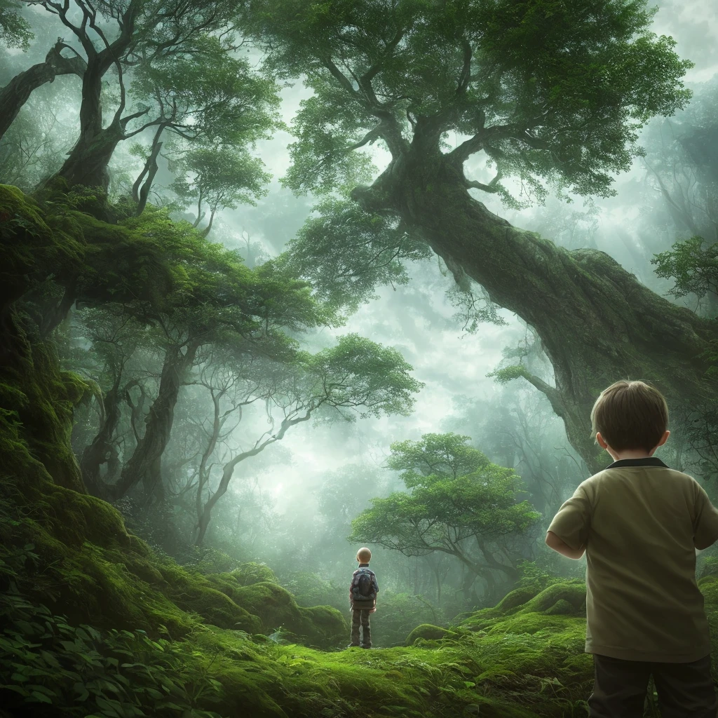 a 10 year old boy in a mystical forest looking at the flying mystical beasts flying in the sky, photorealistic,realistic:1.2), 1girl,phisically-based render, long shot, low angle photography from behind, visual depth, breathtaking perspectives,(Highest quality:1.3), cinematic shot, masterpiece, (sharp focus:1.5), (photorealistic:1.3), ((an extremely delicate and beautiful))