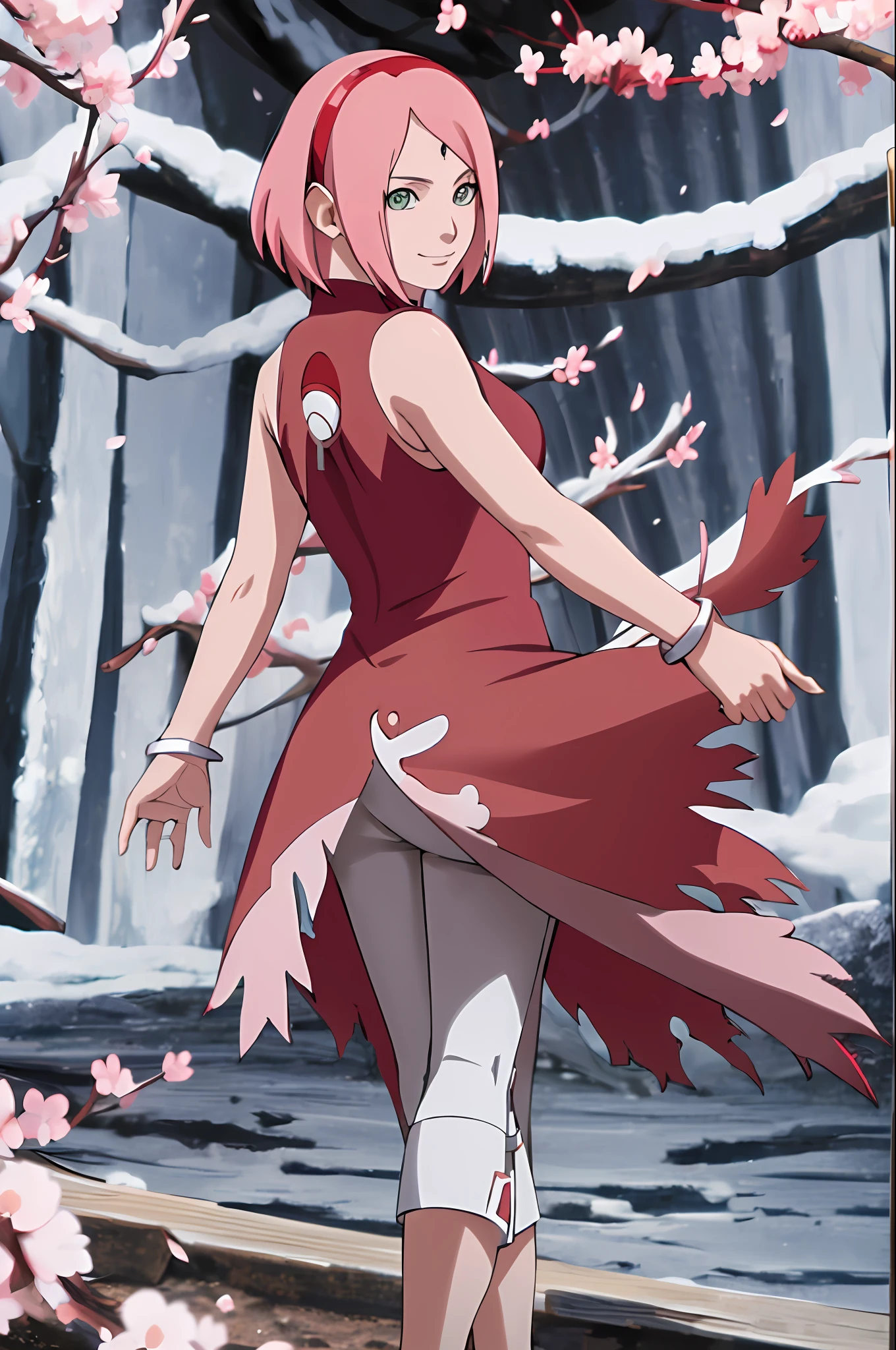 masterpiece, absurdres ,1girl, haruno sakura,forehead mark, red hairband, red sleeveless dress,bracelet, from behind, white pants, (uchiha crest), looking at viewer, outdoor, cherry blossoms, floating hair, smile, cowboy shot,