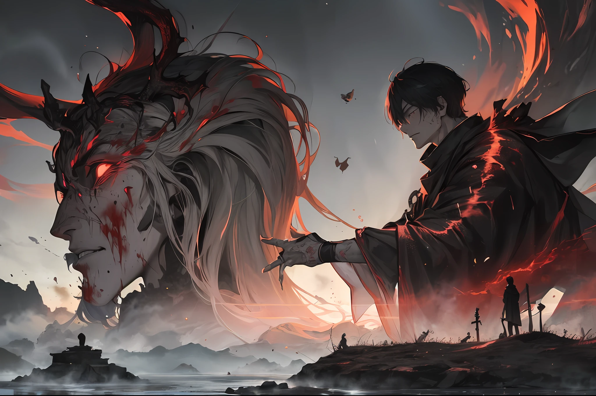 As the dust settled and the realm bathed in the warm glow of victory, Hiroshi found himself standing on the precipice of a new chapter. The battles were won, the shadows banished, and peace restored. But within the depths of his soul, a lingering unease remained.In the quiet solitude of his thoughts, Hiroshi pondered the cost of their triumph. The sacrifices made and the scars borne by all who had journeyed alongside him weighed heavy on his heart. He had witnessed the true face of darkness, and it had left an indelible mark on his spirit.As the days turned into weeks, and the weeks into months, Hiroshi could not shake the feeling that the malevolent cult they had vanquished was merely a symptom of a deeper, more insidious evil. It was as if the black fog that once blanketed the realm had been but a glimpse into the abyss that lay beyond.Visions plagued his dreams, whispers of a forgotten power lurking in the shadows. He saw glimpses of figures draped in darkness, their faces obscured, and heard the echoes of their twisted laughter. It was a tormenting dance with the unknown, fuelling his determination to uncover the truth.Driven by an unyielding sense of justice, Hiroshi embarked on a solitary quest, leaving behind the tranquillity of the restored realm. He traversed vast landscapes, seeking answers from ancient texts and wise hermits, all the while knowing that the answers, he sought lay beyond the realm he had fought so hard to protect.In distant lands, Hiroshi encountered enigmatic sages who spoke of prophecies and forgotten legends. They warned him of an impending darkness, a force far greater than anything they had faced before. The very foundations.ancient Japanese scenery, buddha statues , temples, (mysterious black fog), journey to the west, (dilapidated), (battlefield)), (blood stains),absurdity, realistic lighting, (abyss) masterpiece, high quality, beautiful graphics, high detail, black hair