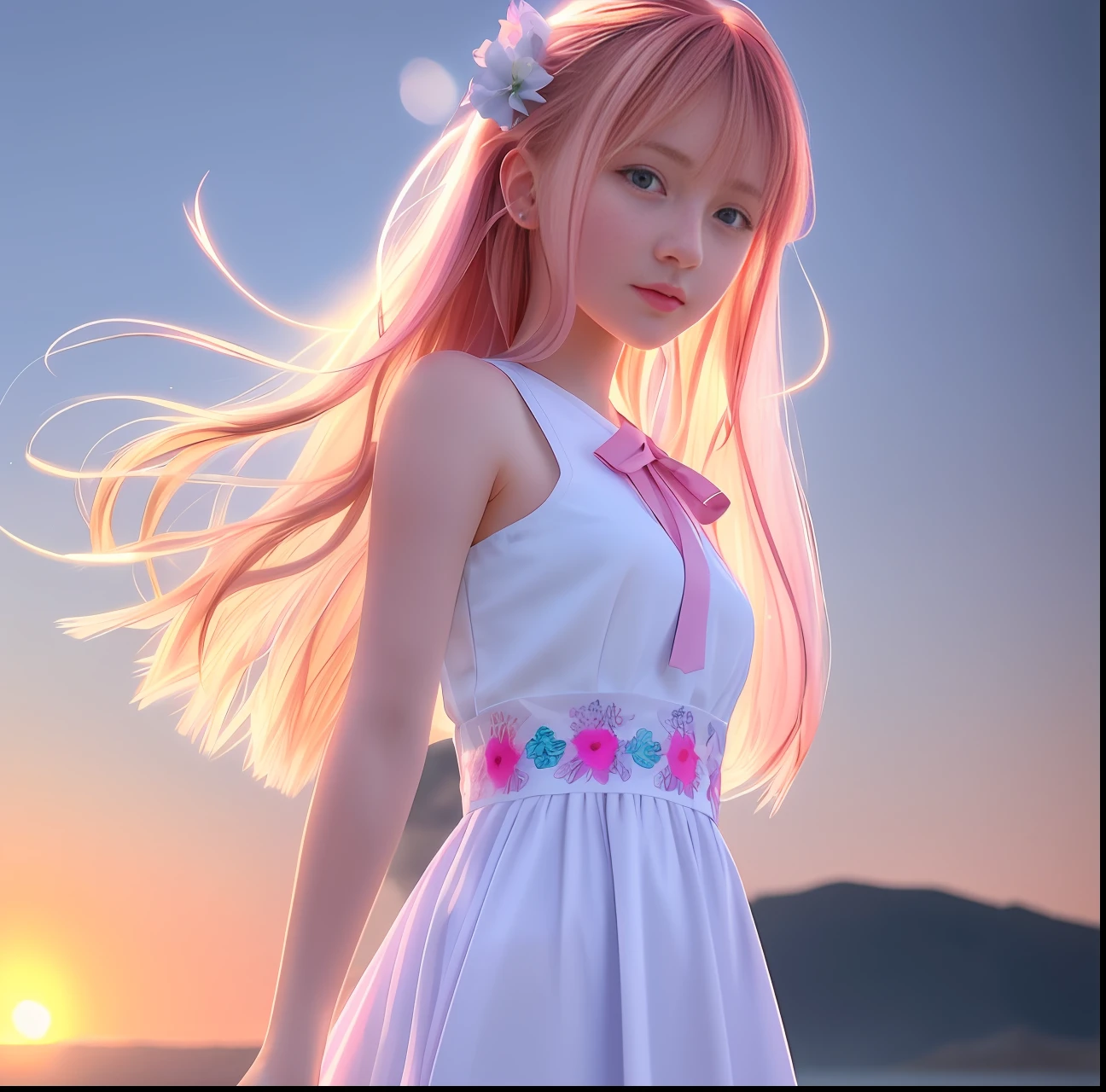 (extremely detailed CG unity 8k wallpaper, masterpiece, best quality, ultra detailed),(best lighting, best shadow, cute girl), floating, dynamic angle, dynamic pose,(1 girl),(blue eyes, hair pink long), white clothes, neck ribbon, beautiful face, small flowers, water, sunset, watercolor.