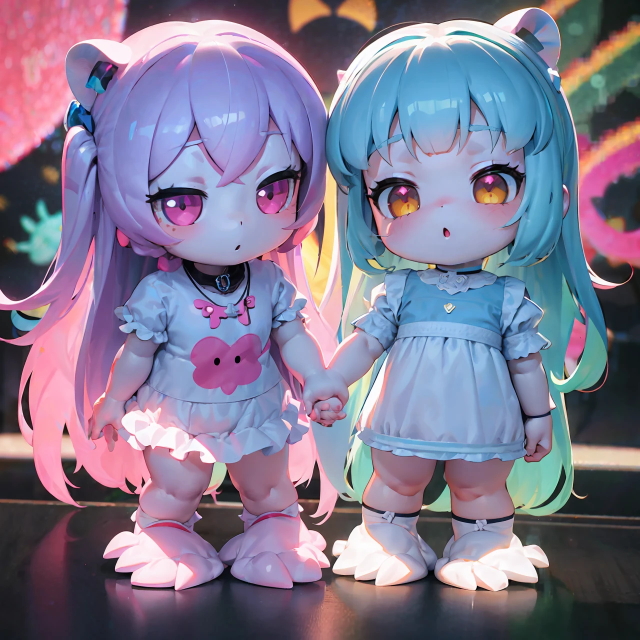((best quality)),((ultradetailed)),((masterpiece)), The 3D full body art of two super cute sisters holding hands, one year old and the other four year old, pretty eyes , big eyes, cute, happy, c4d, pop Matt Blind Box, rainbow, toys, solid white color background, chibi, fluorescent translucent, glowing body, kawaii, doll, T pose, reference sheet, pop mart blind box , Pixar, intricate detail, 3d rendering, blender, OC renderer, foll body reference sheet, dribble, high detail, studio lighting, loli, petite, child, chibi , character SD:1.1, resolution: 8K.