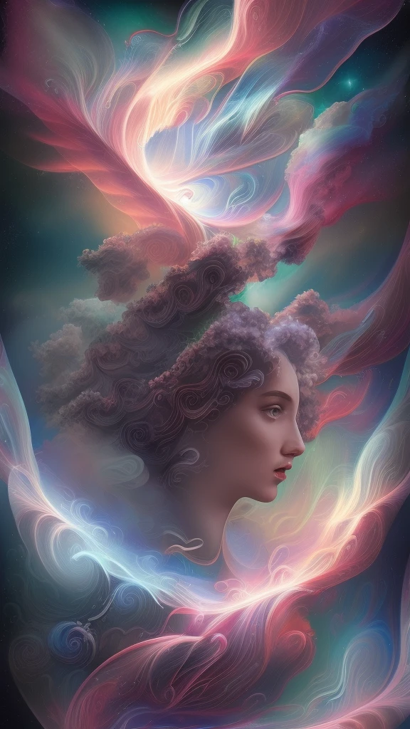 inconceivable and spectacular a scene of emergence of a figure from the glowing cloud, fractal nebula threads, cosmic entities, celestial, cosmic, vibrant and vivid, swirls, twirling, unrealistic, high contrast, symobolism, magical, mystical, mystifying, hyperrealistic, oversaturate, colorfully