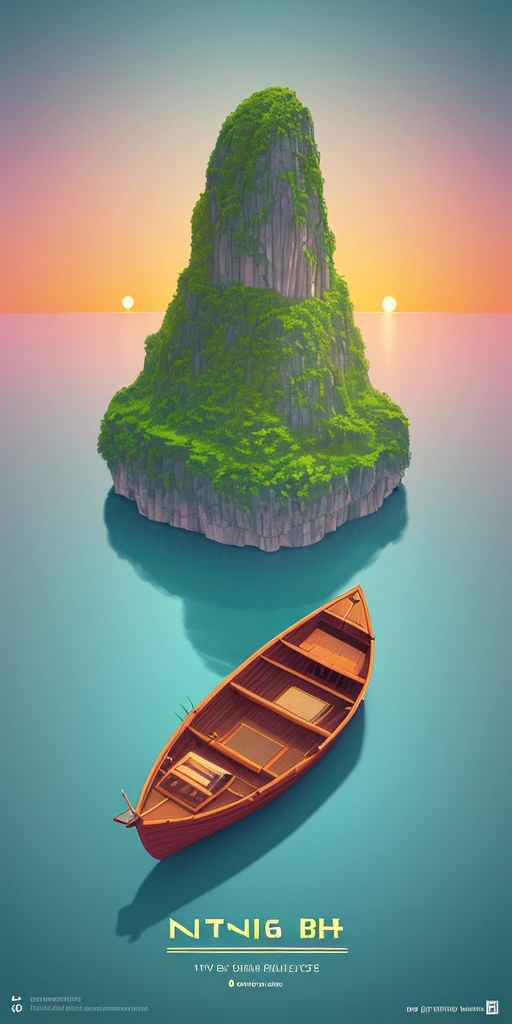 a boat in the river of Ninh Binh with sunset background back view, t-shirt design, in the style of Studio Ghibli, charming, pastel tetradic colours, 3D vector art, cute and quirky, fantasy art, watercolor effect, bokeh, Adobe Illustrator, hand-drawn, digital painting, low-poly, soft lighting, bird's-eye view, isometric style, retro aesthetic, focused on the character, 4K resolution, photorealistic rendering, using Cinema 4D