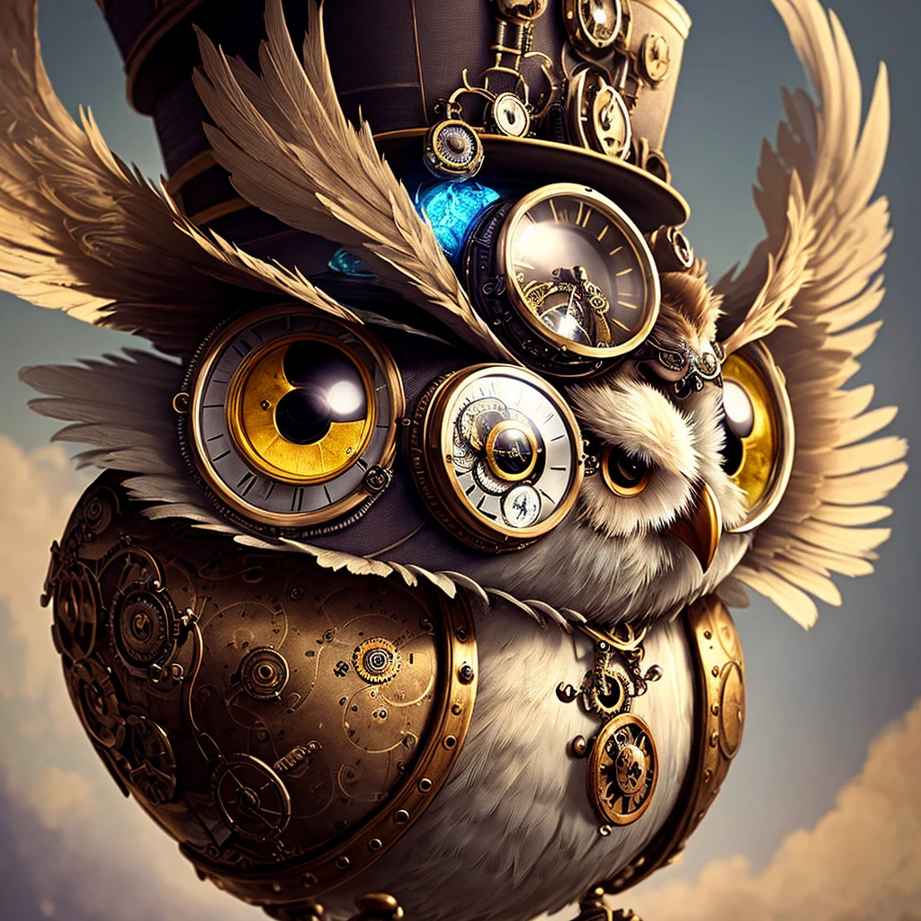 steampunk owl, owl in a doublet and a top hat, digital painting, photorealism, close-up, dynamic lighting, high detail, complex background, clarity, high quality