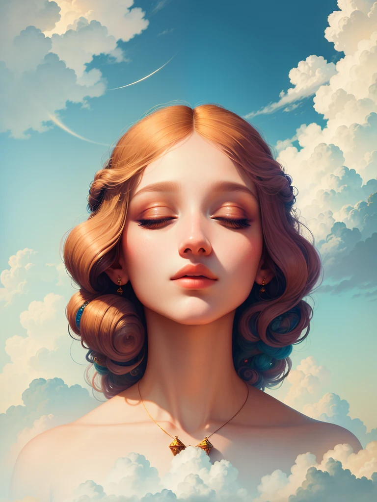 "An ethereal beauty slumbers peacefully on fluffy clouds, paying homage to the iconic artwork of Leonardo da Vinci with her perfect features, beautiful lips, and serene expression."