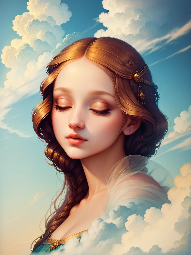 "An ethereal beauty slumbers peacefully on fluffy clouds, paying homage to the iconic artwork of Leonardo da Vinci with her perfect features, beautiful lips, and serene expression."