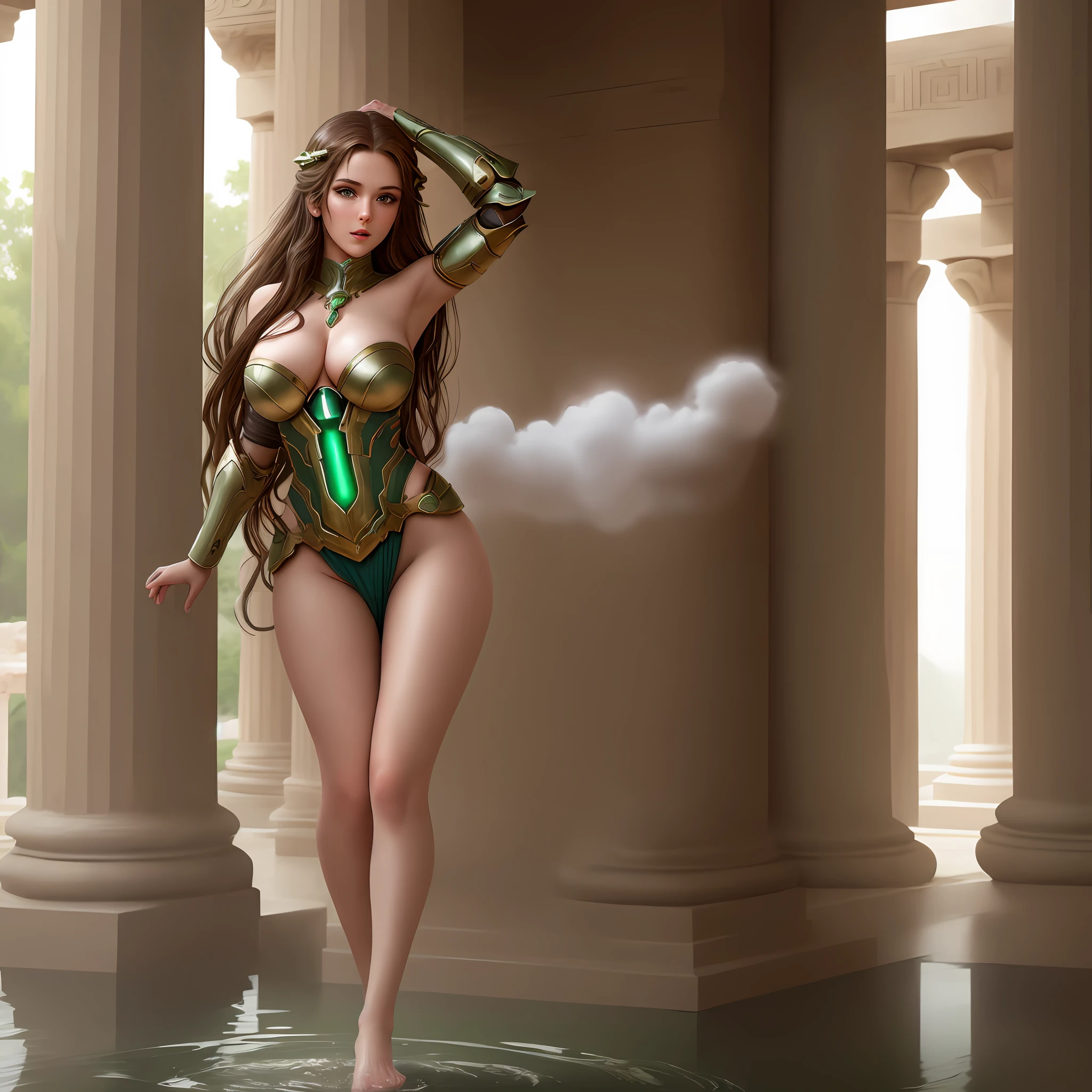 create a lush woman in a Greek temple with columns and an air of smoke, full body, with captivating green eyes, futuristic armor, brown hair falling softly over her shoulders. Firm, upturned breasts, a perky, perky butt, and a big, swollen butt to the point of glowing, hand fire, adding more emotion to the scene, flying. Give the model the feeling that she is completely wet from the shower, immersing the scene in a warm and attractive environment, full body detail, bare foot, solo focus