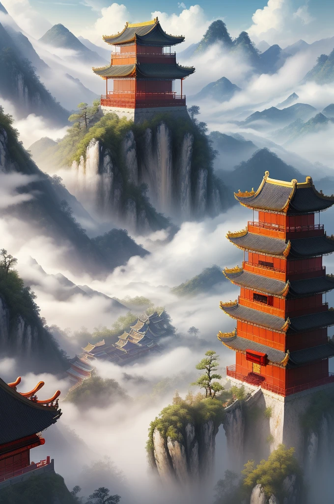The game scene, the ancient Chinese palace is located above the clouds, misty, majestic, glazed tiles, ((color ink)), ((splash ink)), ((splash ink})), masterpiece, high quality, beautiful graphics, high detail