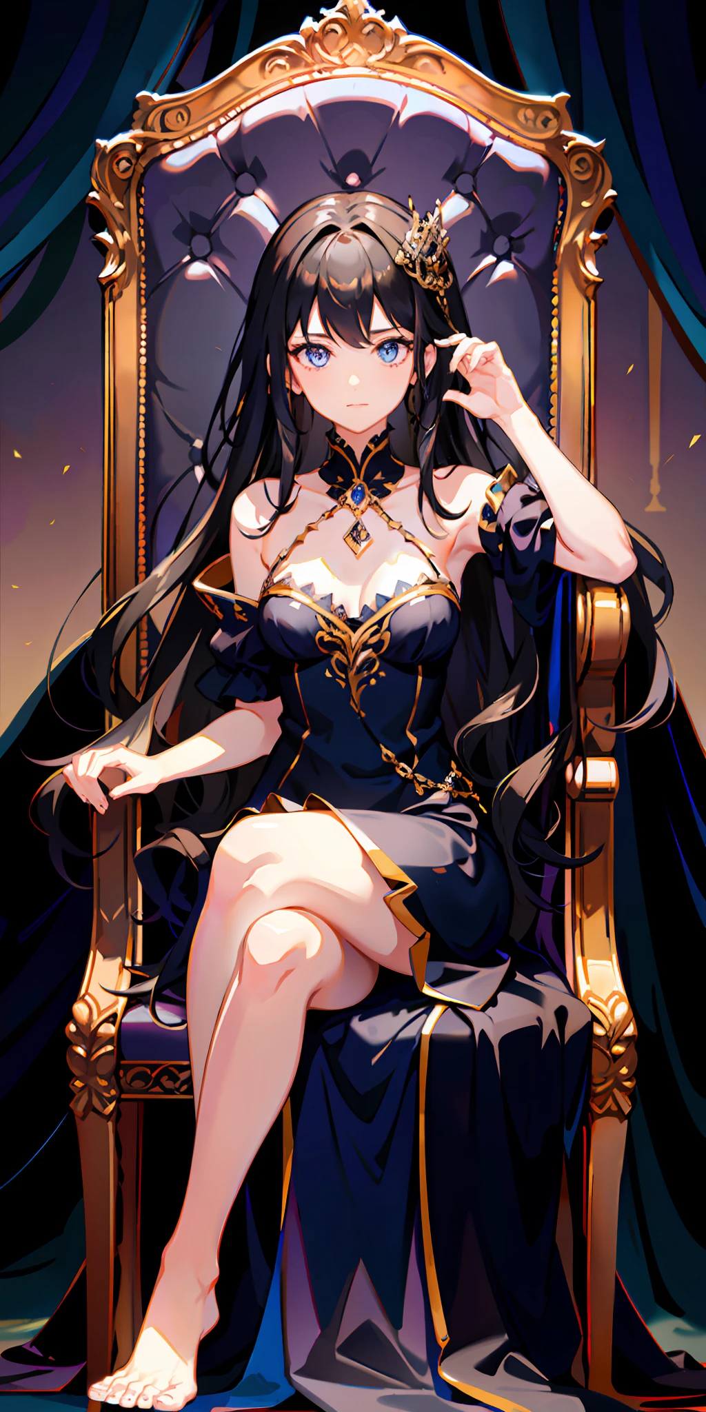 classic background, 1 girl sitting on a throne, facing viewer, one hand resting on chin, blue eyes, cold gaze, shining eyes, black hair, long wavy hair, princess, elegant long dress,