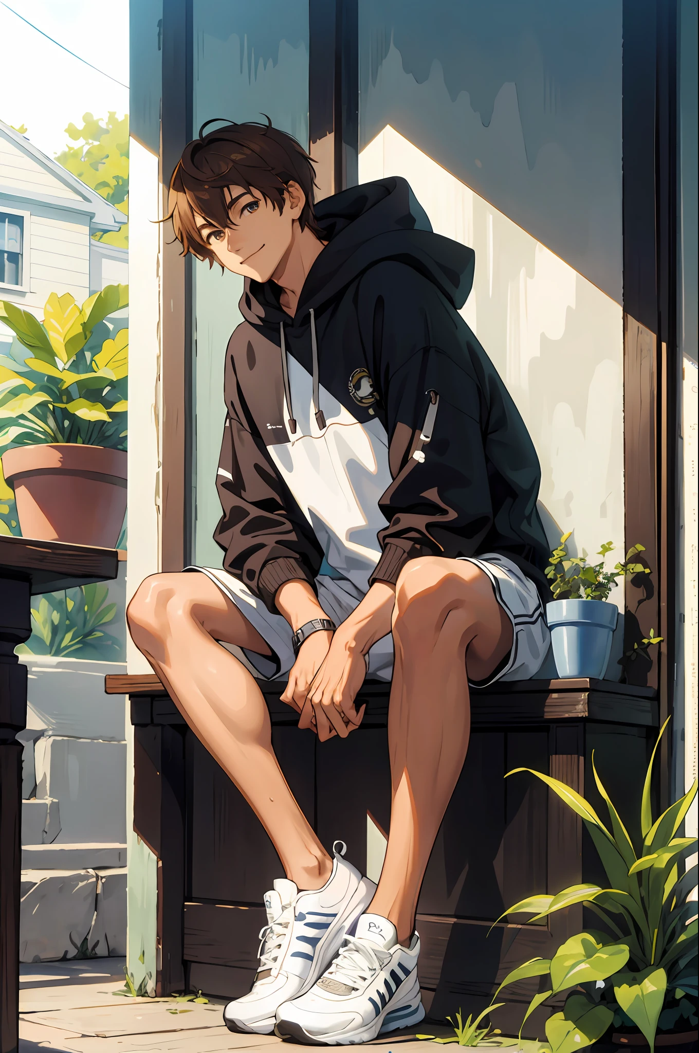 masterpiece, solo, best quality, 1 male,  adult, tall muscular, handsome, finely detailed eyes, intricate details, casual clothes, oversized hood, shorts, tennis shoes, messy brown hair, mid length hair, complex pattern, best light and shadow, background is inside of house, sitting, dappled sunlight, day, depth of field, plants, summer, colorful, artistic, depth of field, smile, closed mouth