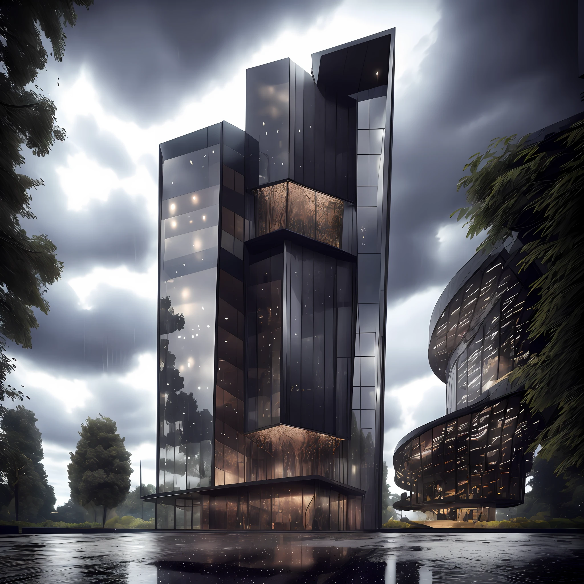 (masterpiece),(best quality) super detailed,realistic,(photorealistic),8k,(sharp focus),depth of field,ahrender,museum,concrete roof. (black iron structure facade:0.2),in city,night,dark sky,rainy,no human,metal glass facade,geometric wood ceiling frame,glass,(reflection)