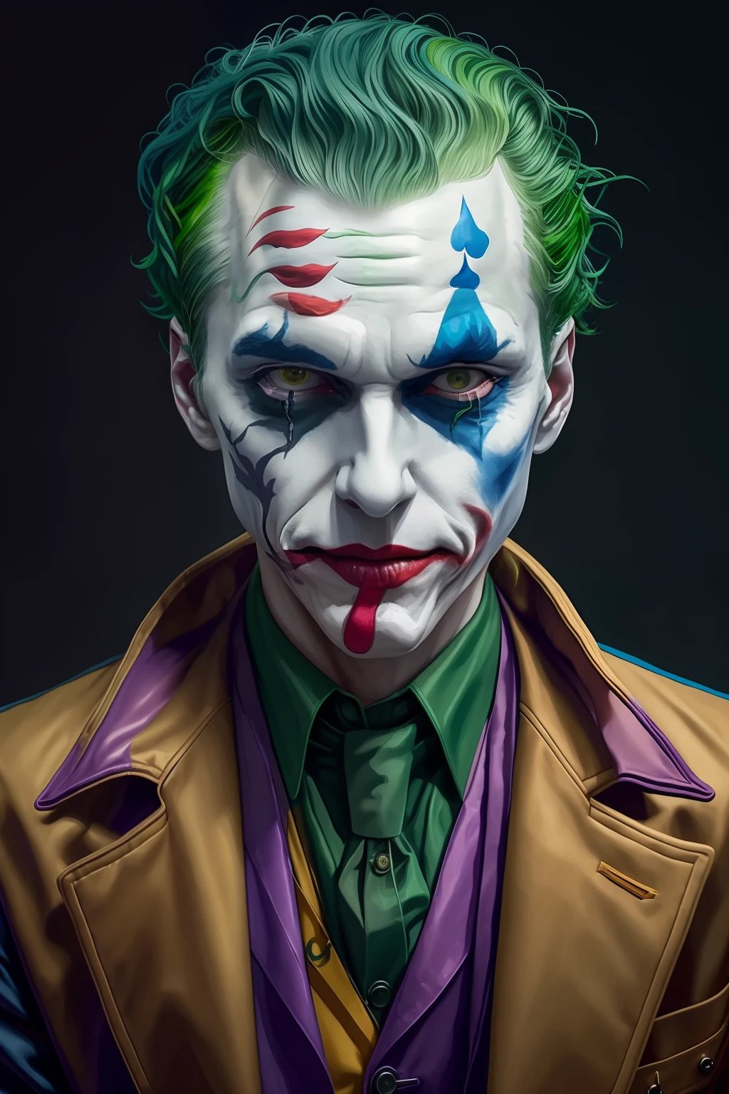 joker painting of a man with green hair and a yellow jacket, digital art by Nicholas Marsicano, reddit, digital art, portrait of joker, portrait of the joker, portrait of a joker, the joker, joker, from joker (2019), #1 digital painting of all time, # 1 digital painting of all time, film still of the joker