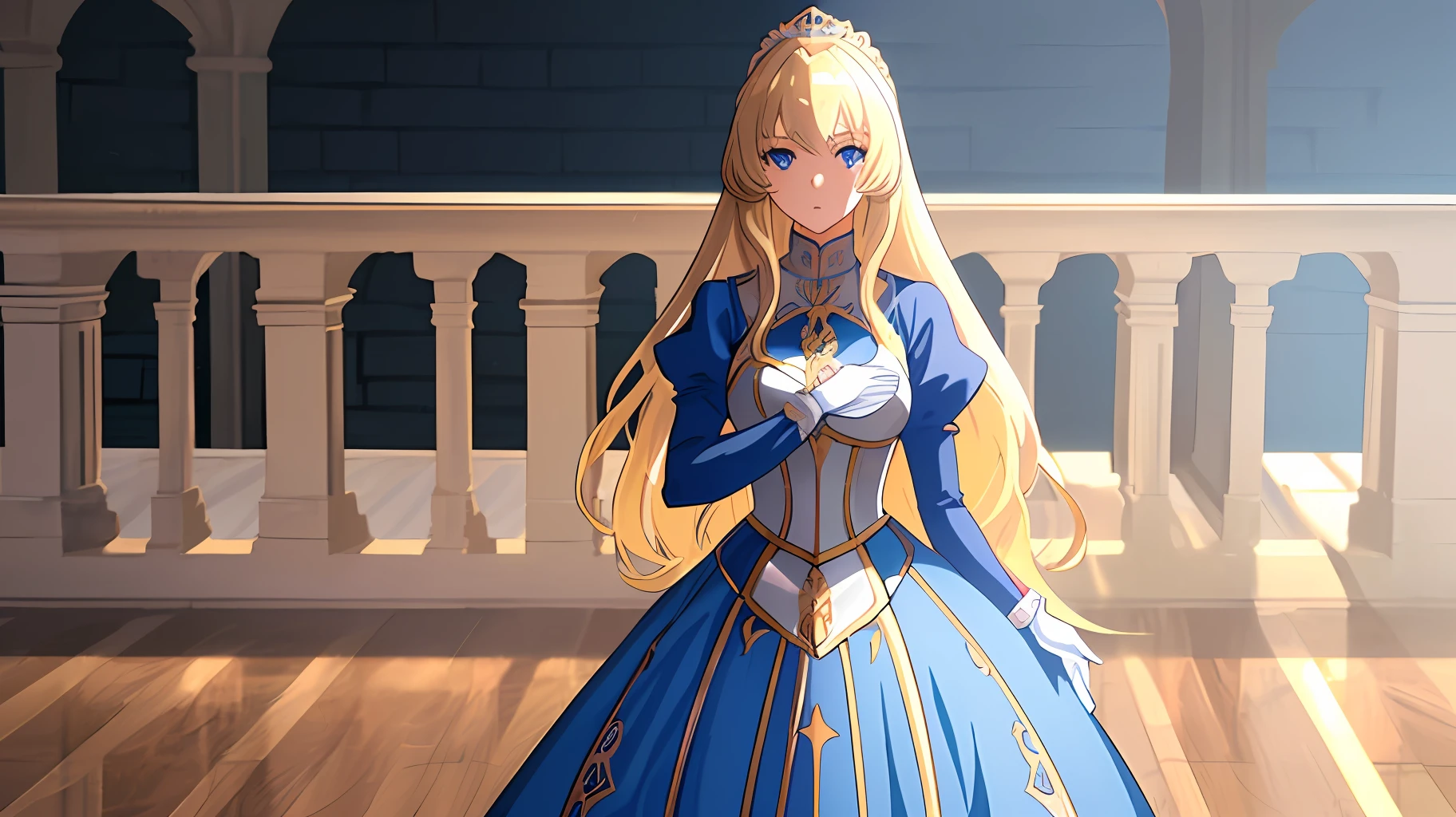 unparalleled masterpiece, perfect artwork, best quality, anime style, anime wallpaper, 1girl, blond hair, knight girl, cool anime wallpaper, castle background, epic anime wallpaper, beautiful blonde hair female knight, perfect body, full body, illustration, no text, sword, pretty face, elegant, high quality, 8k, royal blue eyes