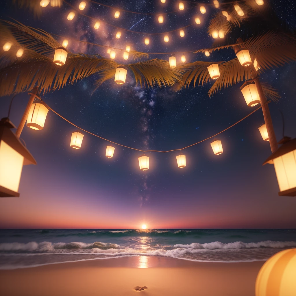 Night sky with stars, beach sunset lanterns on palms background, photorealistic, epic composition, Pixar RenderMan, V-Ray Lights, Professional Color Grading, Canon EOS R6, 1000MP, Depth of Field, highly detailed, hyper-realistic, ultra-photorealistic, HDR, ultra-sharp, 64k