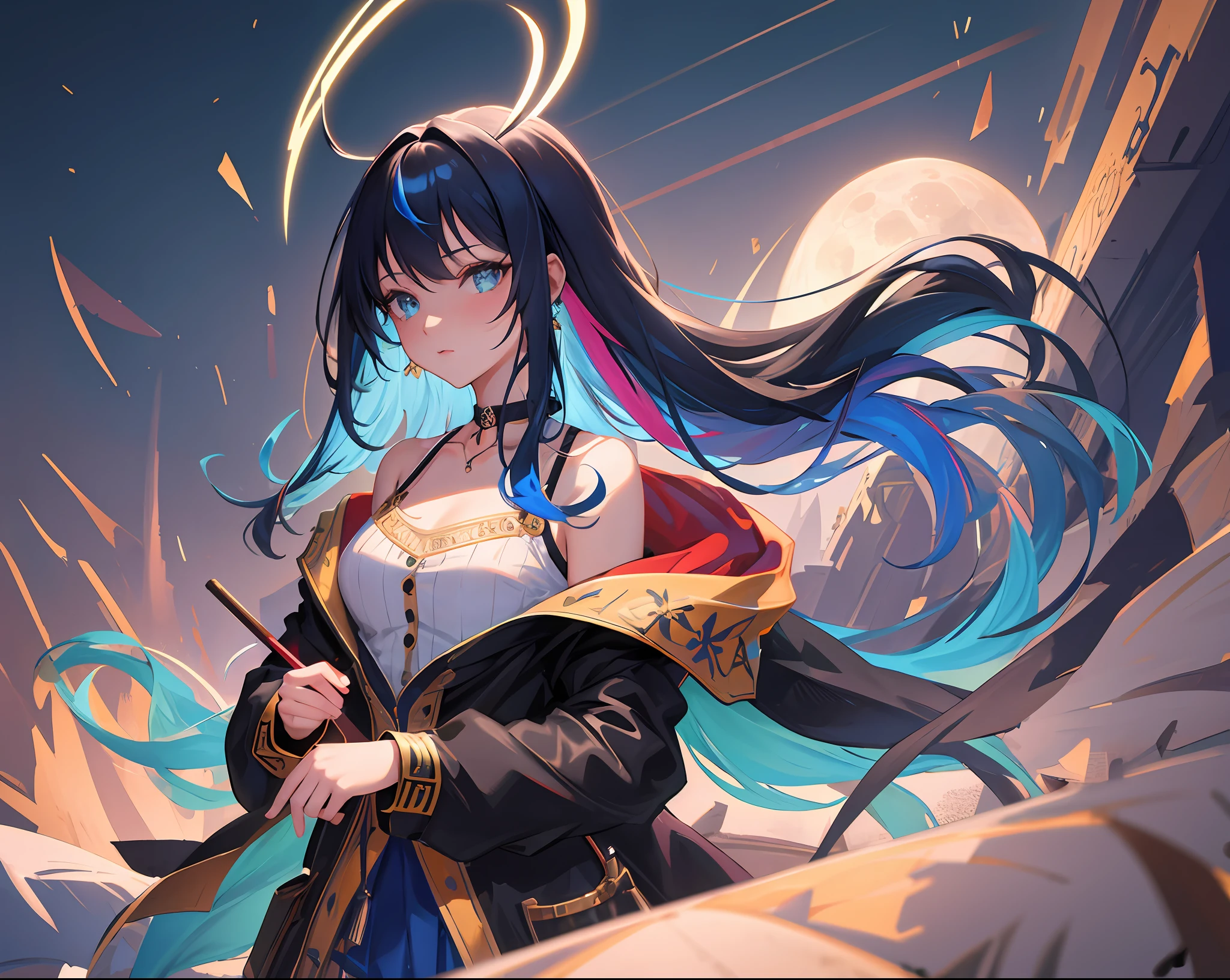 (masterpiece, best quality, extremely detailed CG, beautiful detailed eyes, ultra-detailed, intricate details:1.2), 8k wallpaper, elaborate features,
(1girl, solo:1.4), (multicolored hair:1.2),(blue hair:1.2), long hair, streaked hair, halo, looking at viewer, animal ears, green eyes,earring, blue jacket, choker,upper body, floating hair, open jacket,
night, full moon,outdoors,
