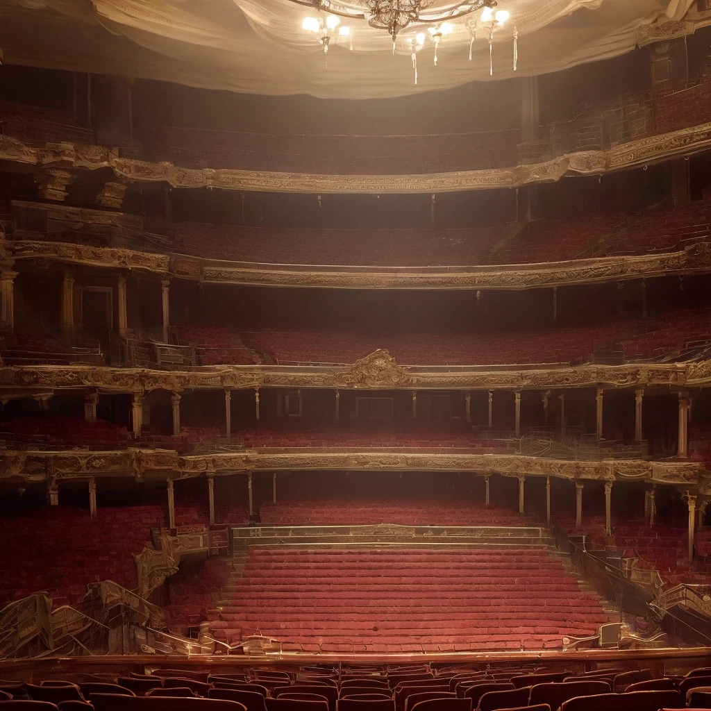 Theater Royal, London, abandoned, gloomy, gothic lamp on the high ceiling, old and dirty seats. Spider webs. Old and dirty curtain. Phantasmagoric. UHD, 8K.