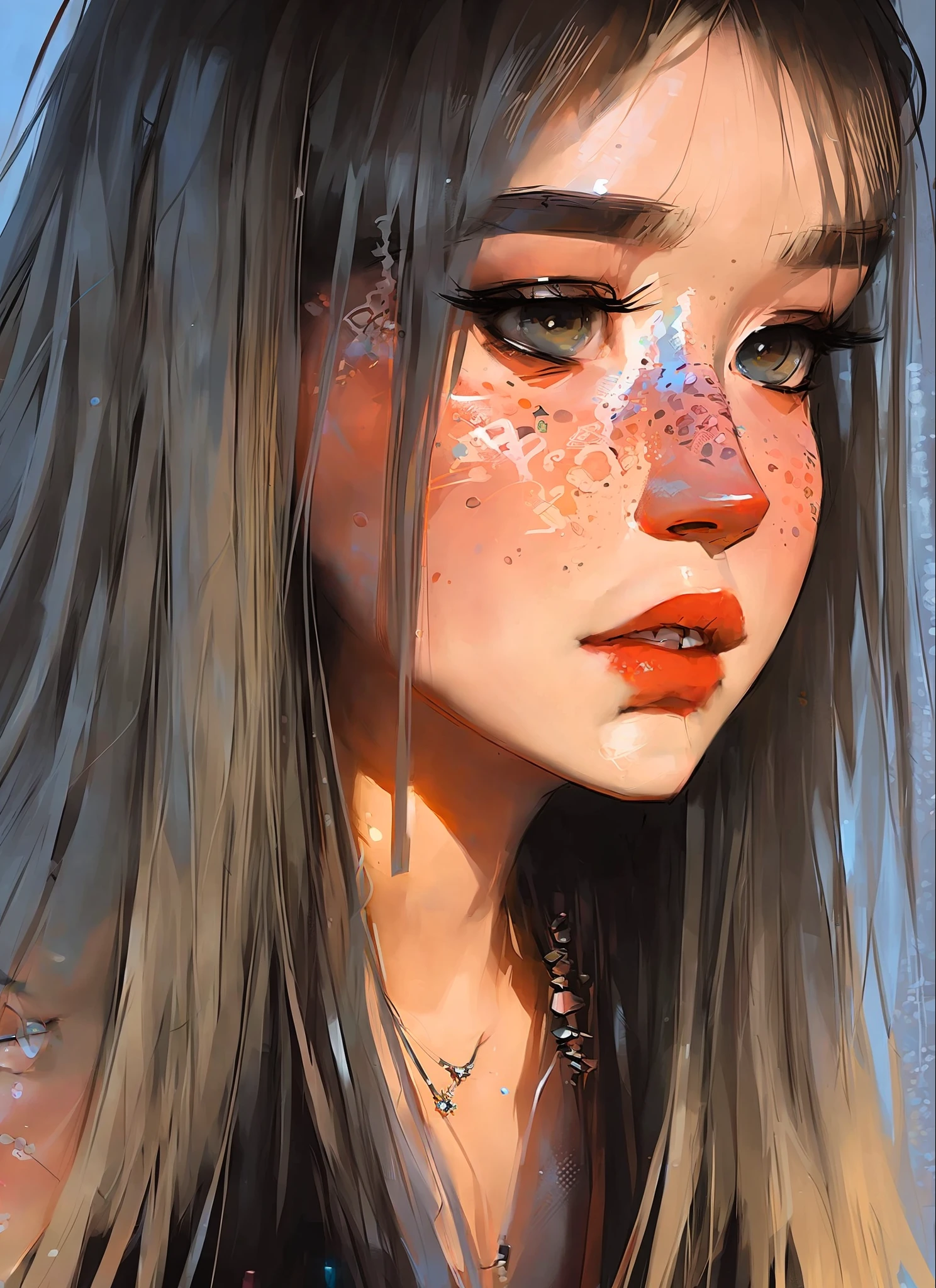 samdoesarts; portrait of one, a young blonde woman, with colourful makeup, long hair with bangs, sternum lotus tattoo, by Jeremy Mann, matth�us merian the elder, Pino Daeni, robert rauschenber, by beksinski