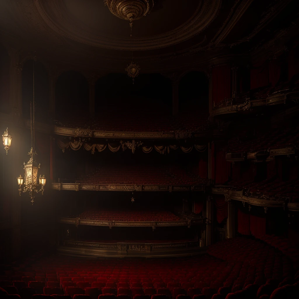Theater Royal, London, abandoned, gloomy, gothic lamp on the high ceiling, old and dirty seats. Spider webs. Old and dirty curtain. Phantasmagoric. UHD, 8K.