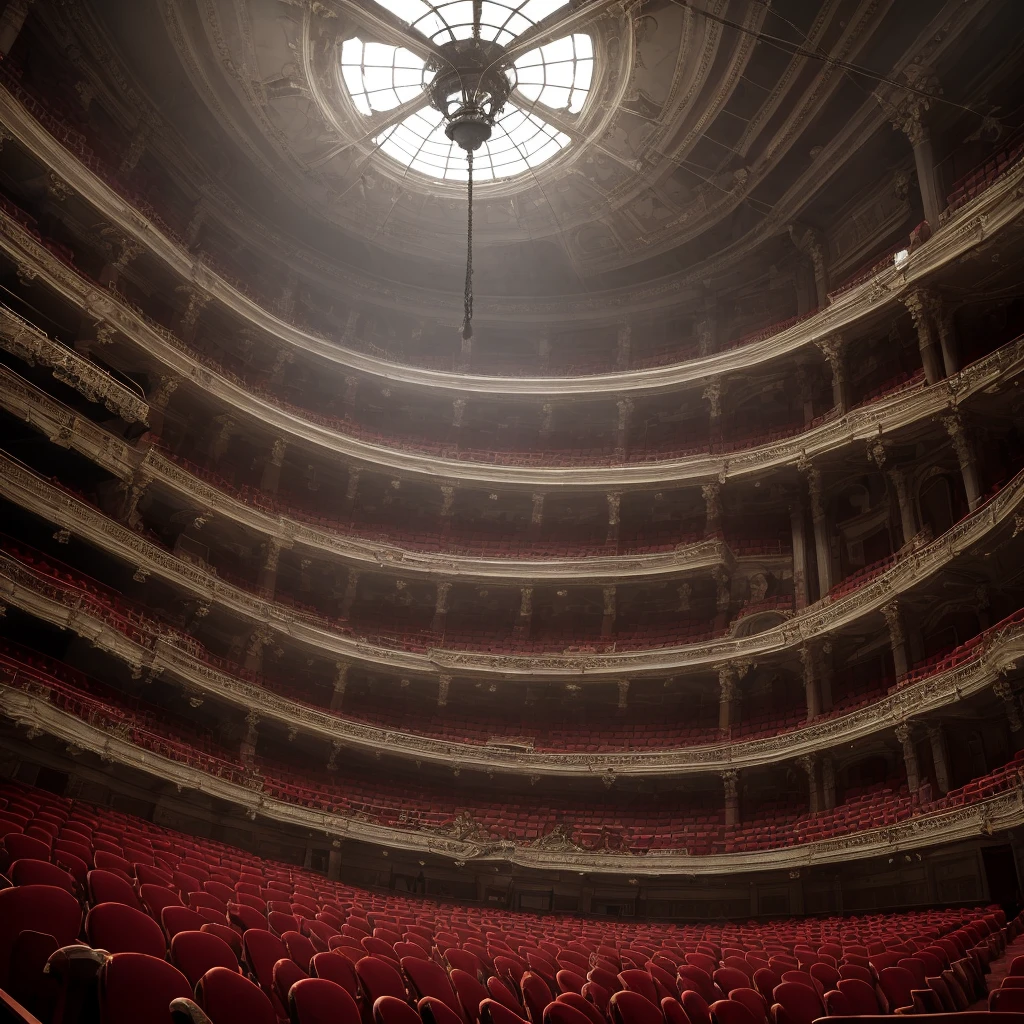Theater Royal, London, abandoned, gloomy, gothic lamp on the high ceiling, old and dirty seats. Spider webs. Old and dirty curtain. Phantasmagoric. UHD, 8K.