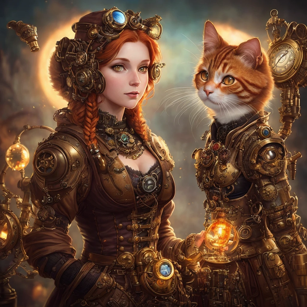 detailed steampunk redhead woman and ginger cat, bold colors, contrast, intricate fantasy, extremely hyper-detailed, studio photography, backlight, oil painting, octa-rendered, hyper-realistic, 8K, Hasselblad, richly detailed, beautiful face, photo-realistic, octa-rendered, Artgerm , WLOP , Tom Bagshaw, Magali Villeneuve