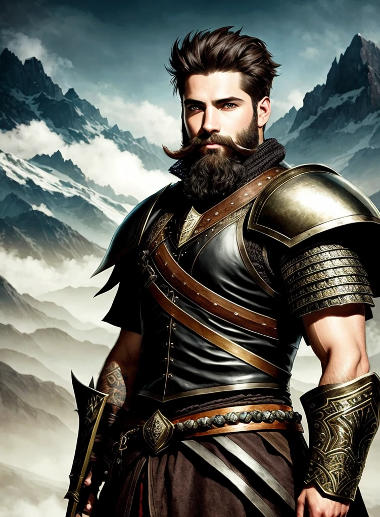 man with beard, epic rpg portrait, fantasy male portrait, rpg portrait concept art, male warrior, fantasy concept art portrait, epic portrait illustration, detailed character portrait, one human warrior, big black armor