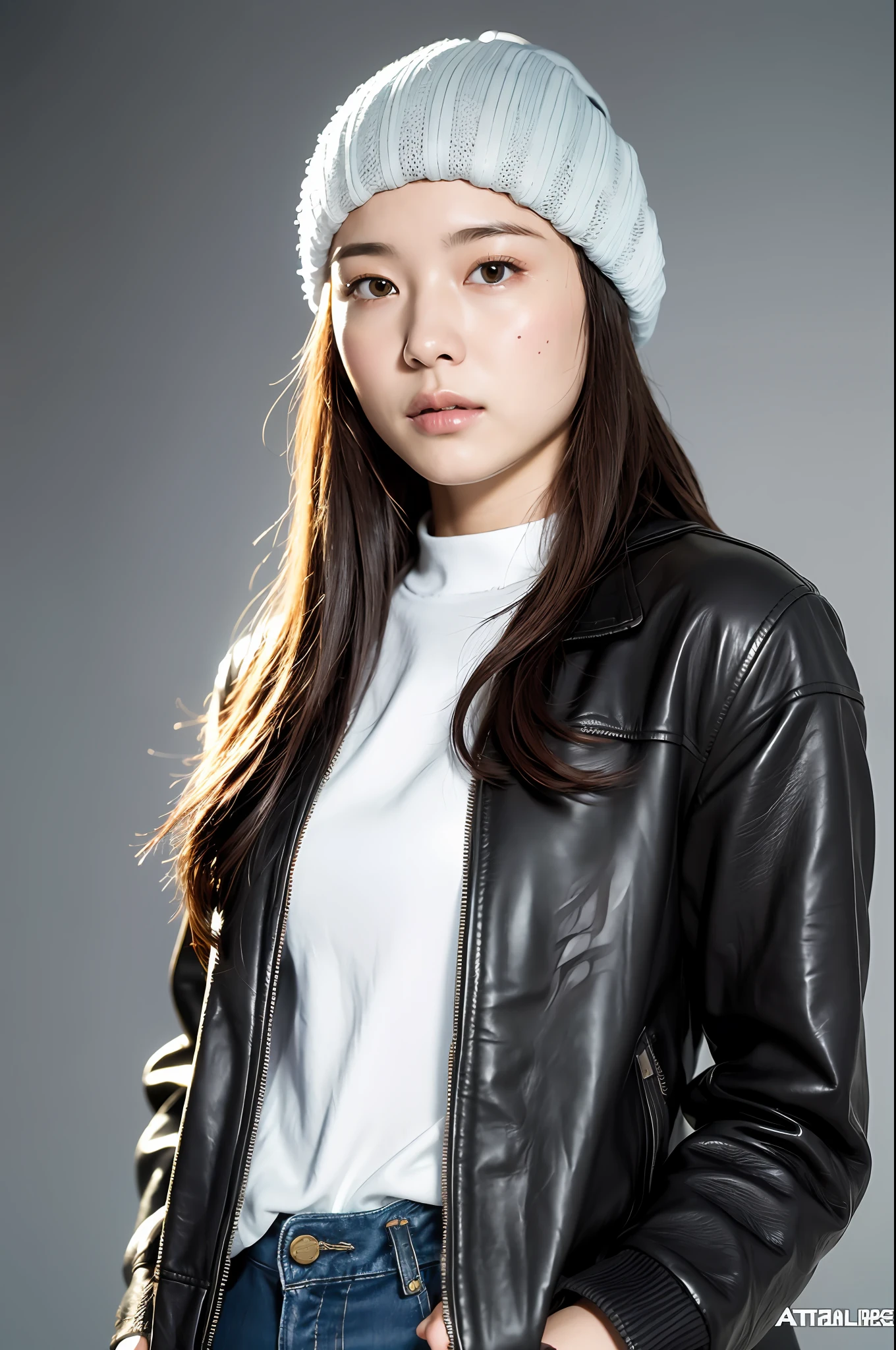 (
(8k:1.27), best quality, masterpiece, ultra highres:1.2) Photo of Pretty Japanese woman
 (beautiful:1.1) (sci-fi warrior woman:1.1) space soldier, (beanie:1.61) (leather jacket:1.21) intricate elegant, fantasy, detailed, ometric by greg rutkowski and alphonse mucha, gradient lighting,nude