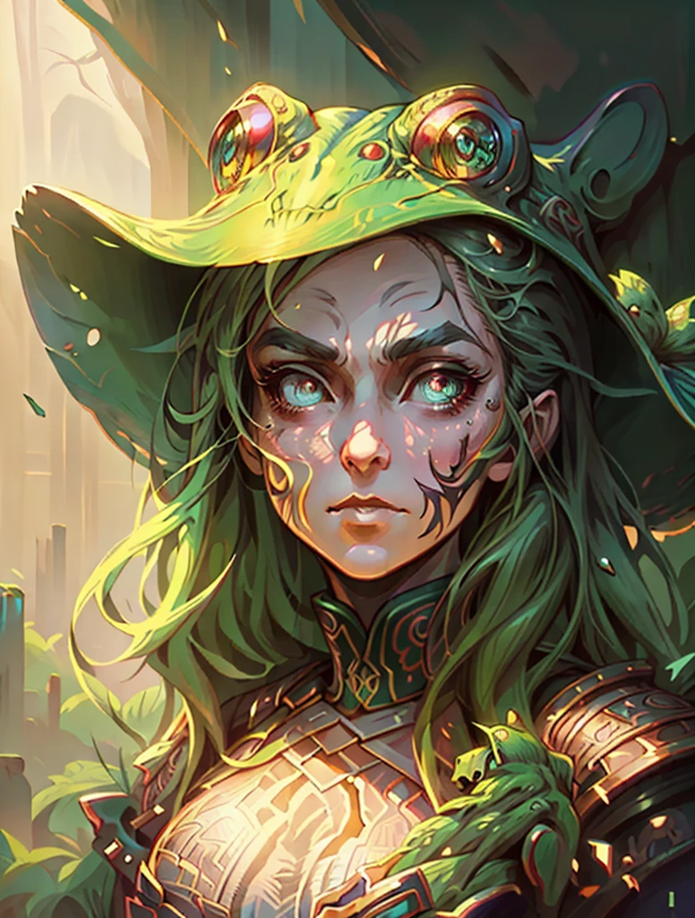 there is a woman with a hat and a frog costume, hyperdetailed fantasy character, detailed digital anime art, inspired by WLOP, artwork in the style of guweiz, fantasy concept art portrait, 3 d render character art 8 k, wlop art, art of wlop, fanart best artstation, fantasy art style, detailed matte fantasy portrait, closeup character portrait