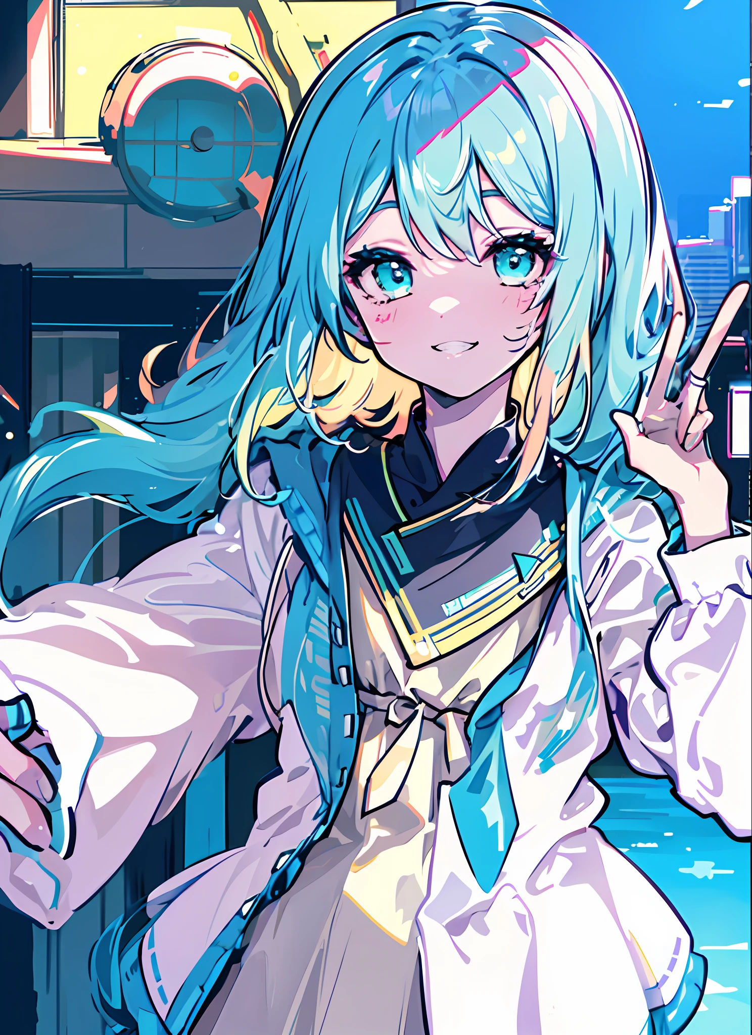 (masterpiece), (best quality),(miku),1girl,upper body,blush,grin,happy,backlight, lam_style, colorful_hair, facial_mark, neon_palette, miku，初音未来，halftone,