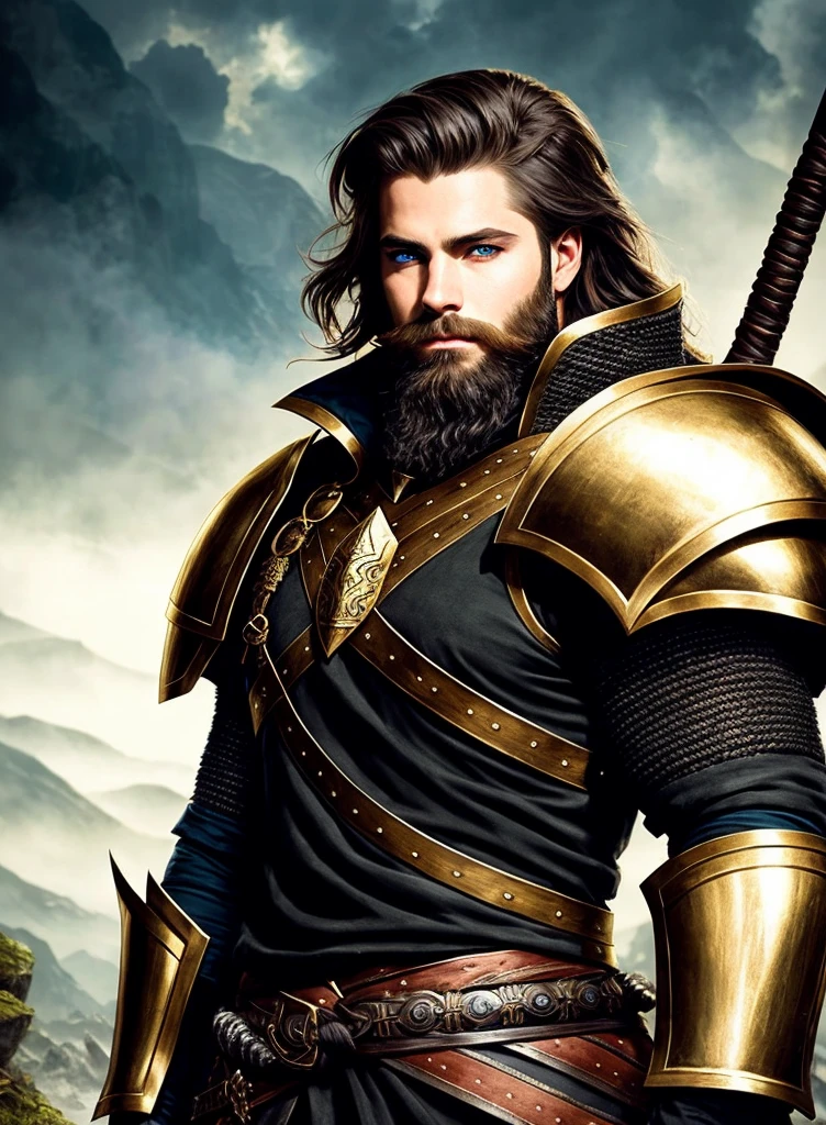 man with beard, epic rpg portrait, fantasy male portrait, rpg portrait concept art, male warrior, fantasy concept art portrait, epic portrait illustration, detailed character portrait, one human warrior, large black armor with gold accents , full armor, blue eyes
